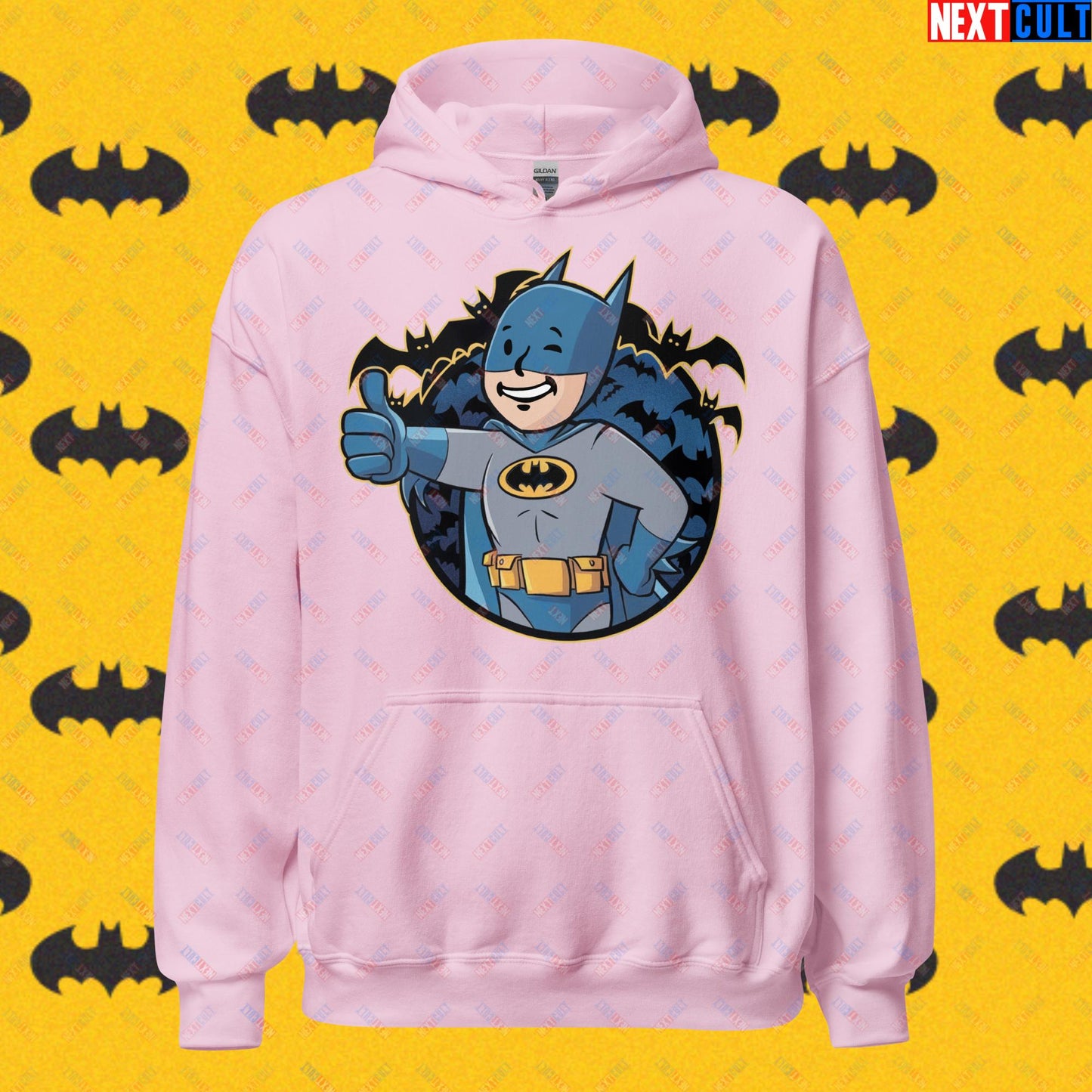 Bat Boy Batman Vault Boy Fallout Funny Cartoon Mashup Unisex Hoodie Light Pink Hoodies Batman Christian Bale Fallout Justice League Movies Superheroes Vault Boy Next Cult Brand