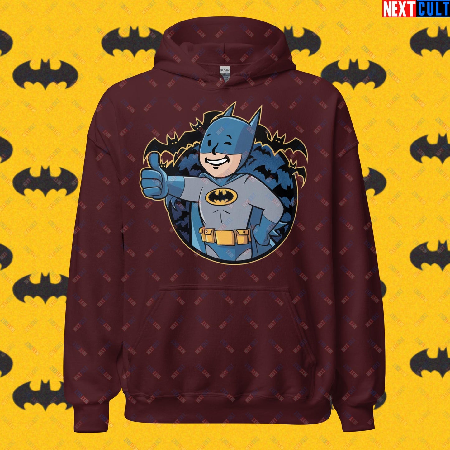 Bat Boy Batman Vault Boy Fallout Funny Cartoon Mashup Unisex Hoodie Maroon Hoodies Batman Christian Bale Fallout Justice League Movies Superheroes Vault Boy Next Cult Brand