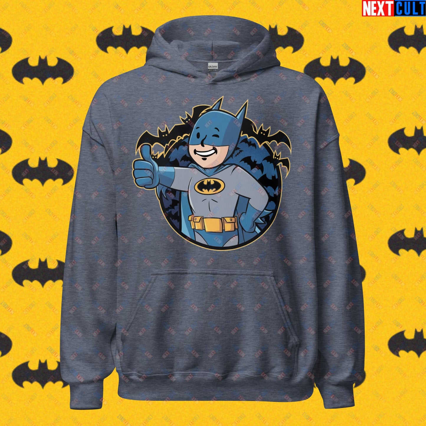 Bat Boy Batman Vault Boy Fallout Funny Cartoon Mashup Unisex Hoodie Heather Sport Dark Navy Hoodies Batman Christian Bale Fallout Justice League Movies Superheroes Vault Boy Next Cult Brand