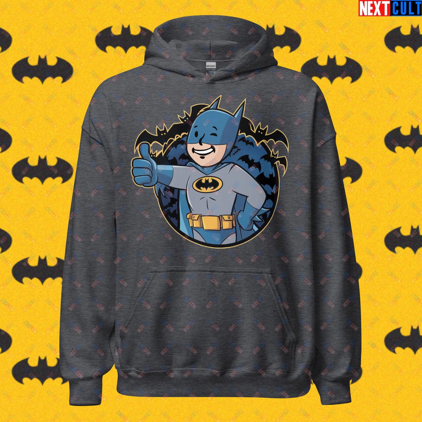 Bat Boy Batman Vault Boy Fallout Funny Cartoon Mashup Unisex Hoodie Dark Heather Hoodies Batman Christian Bale Fallout Justice League Movies Superheroes Vault Boy Next Cult Brand