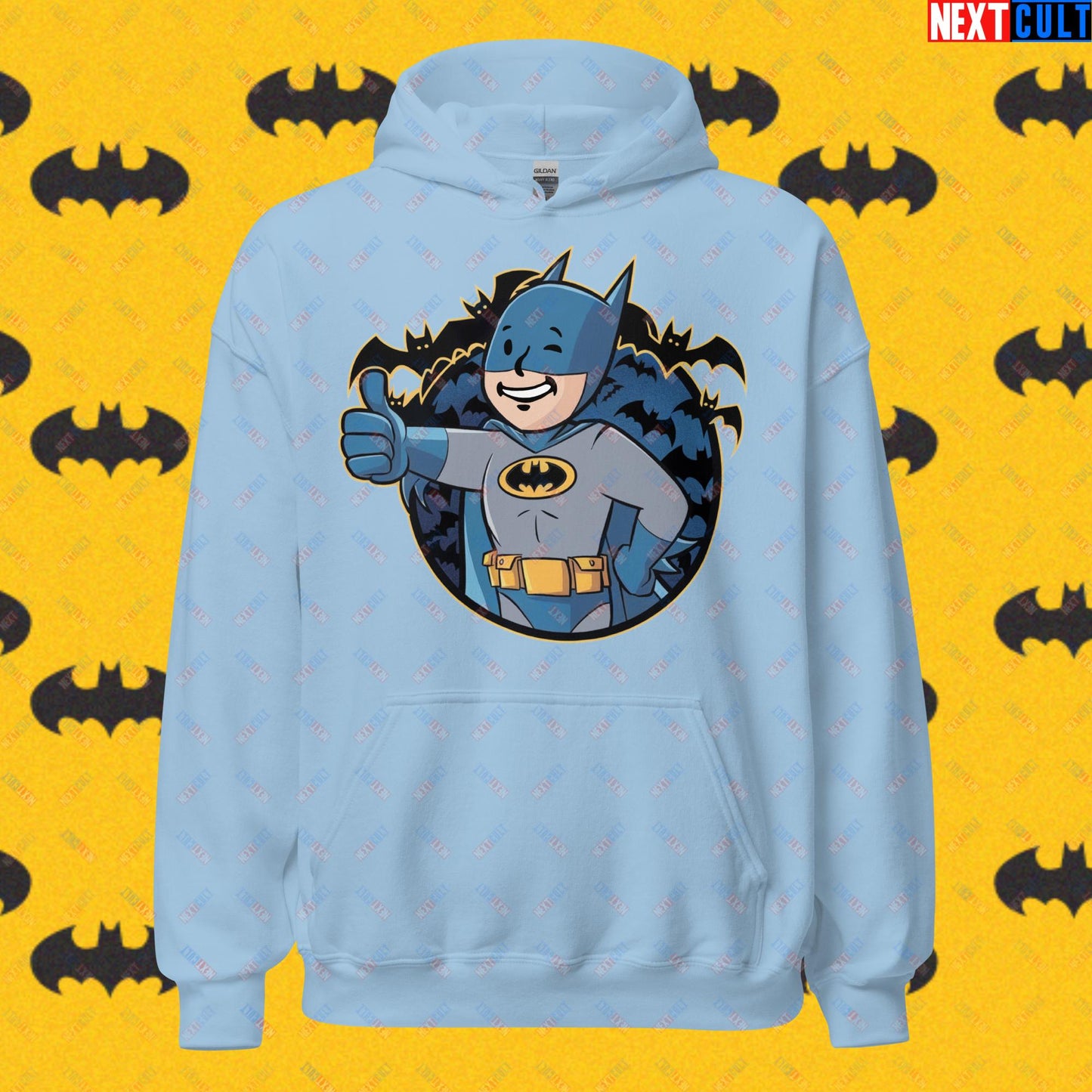 Bat Boy Batman Vault Boy Fallout Funny Cartoon Mashup Unisex Hoodie Light Blue Hoodies Batman Christian Bale Fallout Justice League Movies Superheroes Vault Boy Next Cult Brand