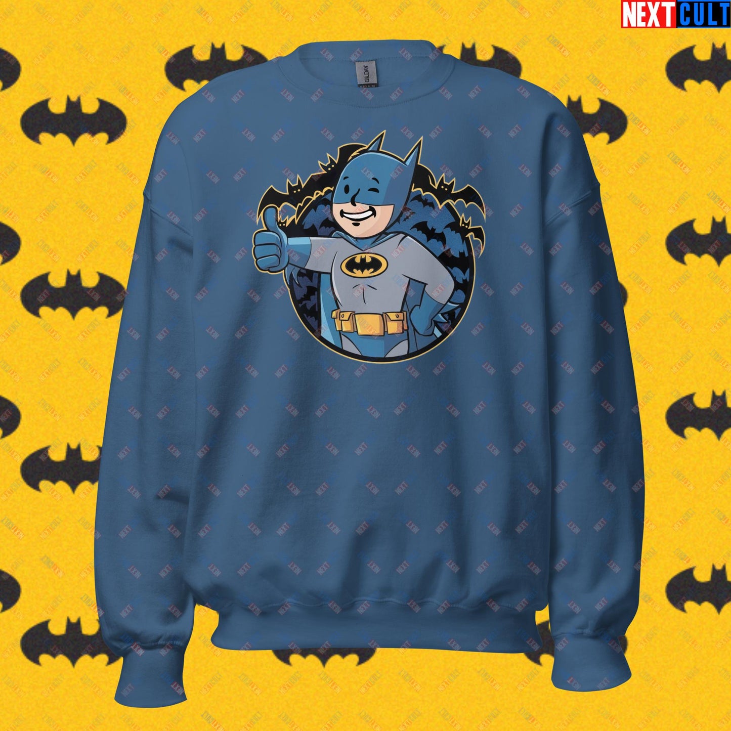 Bat Boy Batman Vault Boy Fallout Funny Cartoon Mashup Unisex Sweatshirt Indigo Blue Sweatshirts Batman Christian Bale Fallout Justice League Movies Superheroes Vault Boy Next Cult Brand