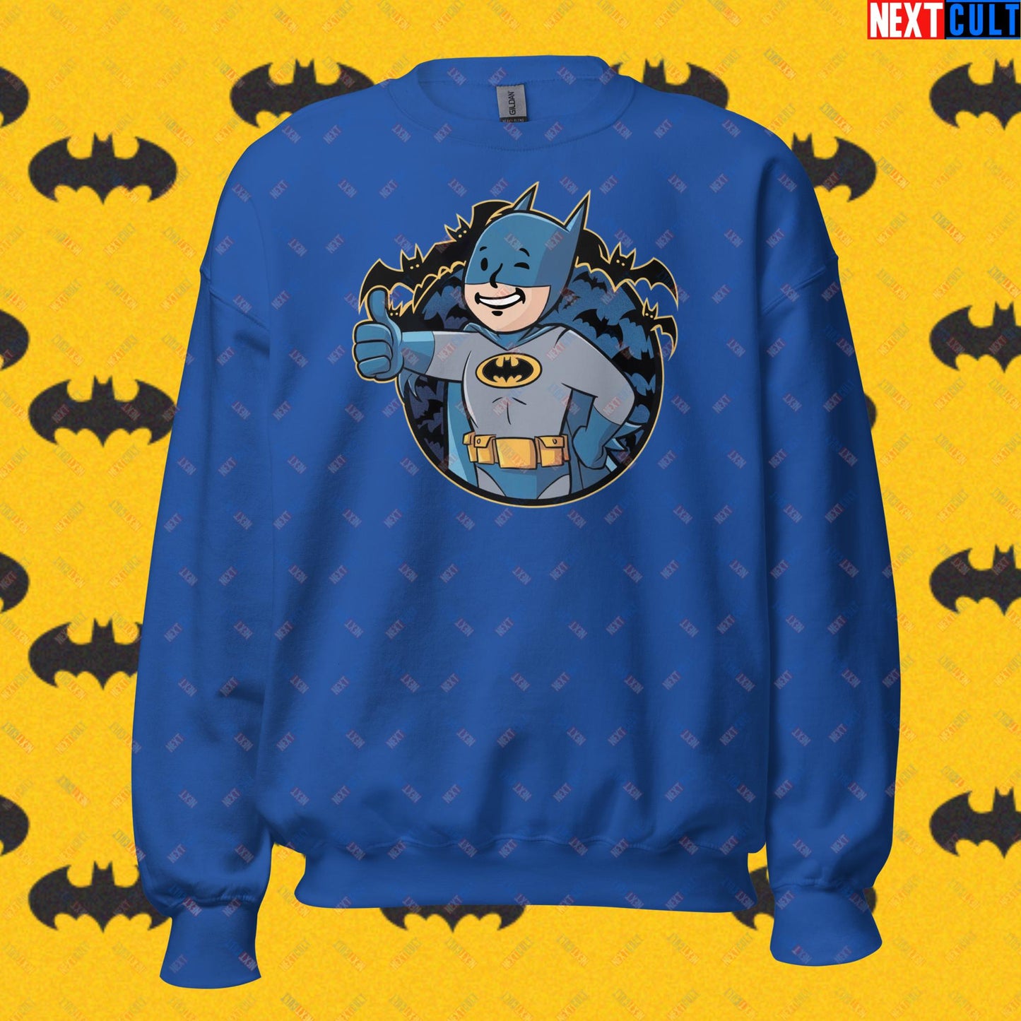 Bat Boy Batman Vault Boy Fallout Funny Cartoon Mashup Unisex Sweatshirt Royal Sweatshirts Batman Christian Bale Fallout Justice League Movies Superheroes Vault Boy Next Cult Brand