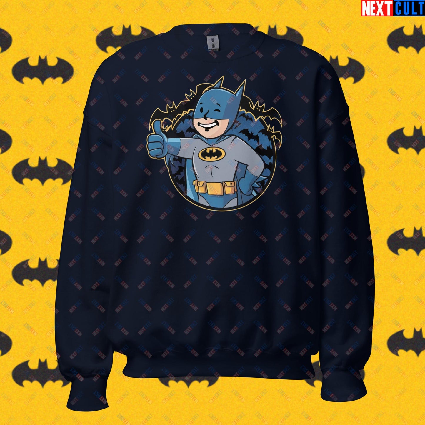 Bat Boy Batman Vault Boy Fallout Funny Cartoon Mashup Unisex Sweatshirt Navy Sweatshirts Batman Christian Bale Fallout Justice League Movies Superheroes Vault Boy Next Cult Brand