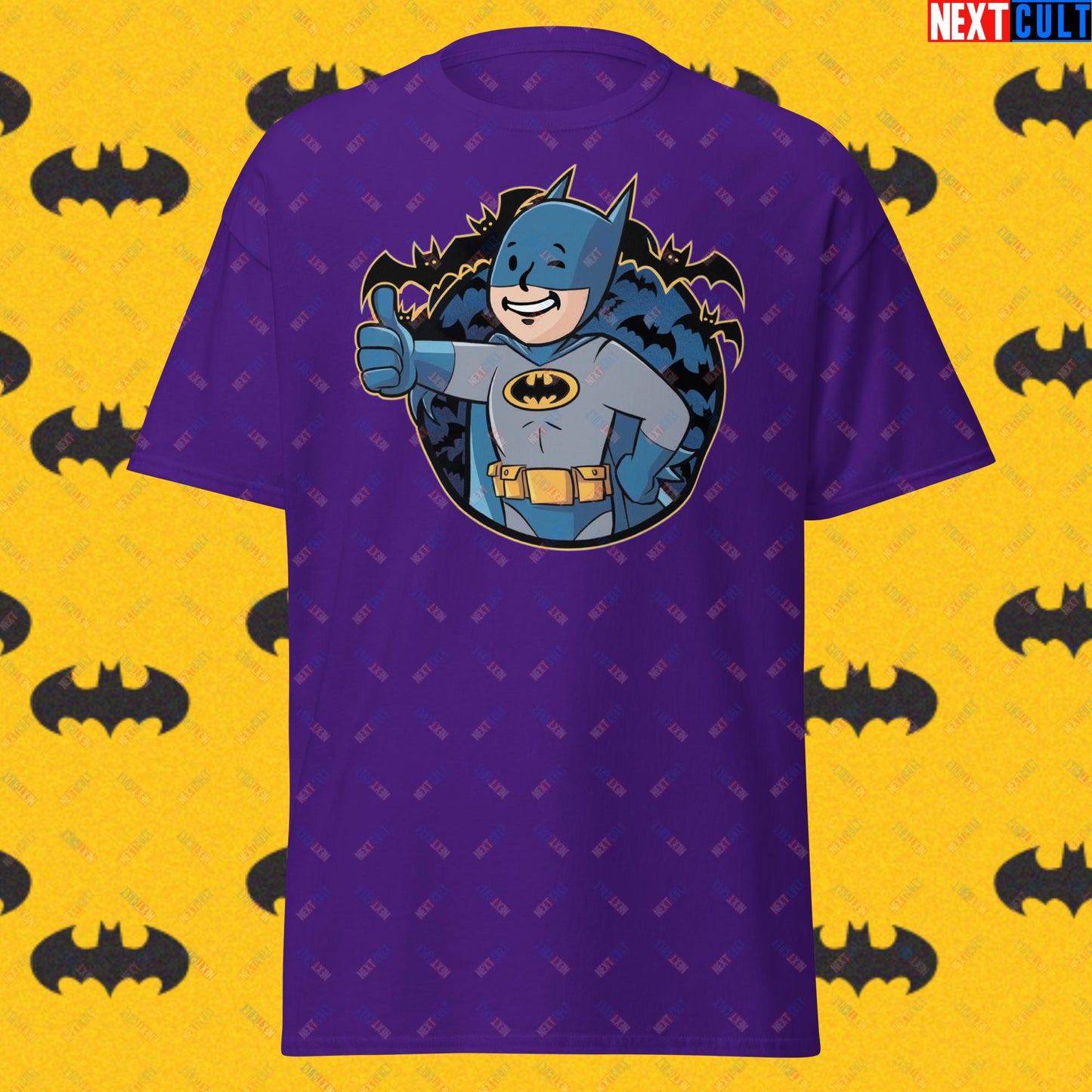 Bat Boy Batman Vault Boy Fallout Funny Cartoon Mashup Unisex tee Purple T-shirts Batman Christian Bale Fallout Justice League Movies Superheroes Vault Boy Next Cult Brand