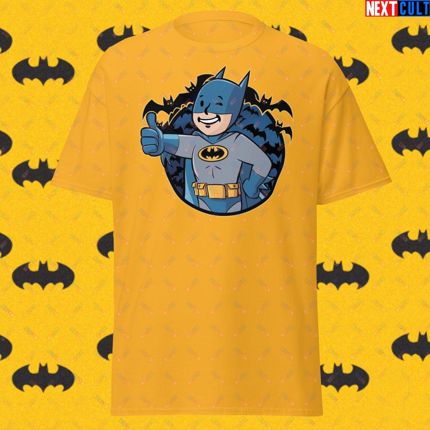 Bat Boy Batman Vault Boy Fallout Funny Cartoon Mashup Unisex tee Gold T-shirts Batman Christian Bale Fallout Justice League Movies Superheroes Vault Boy Next Cult Brand