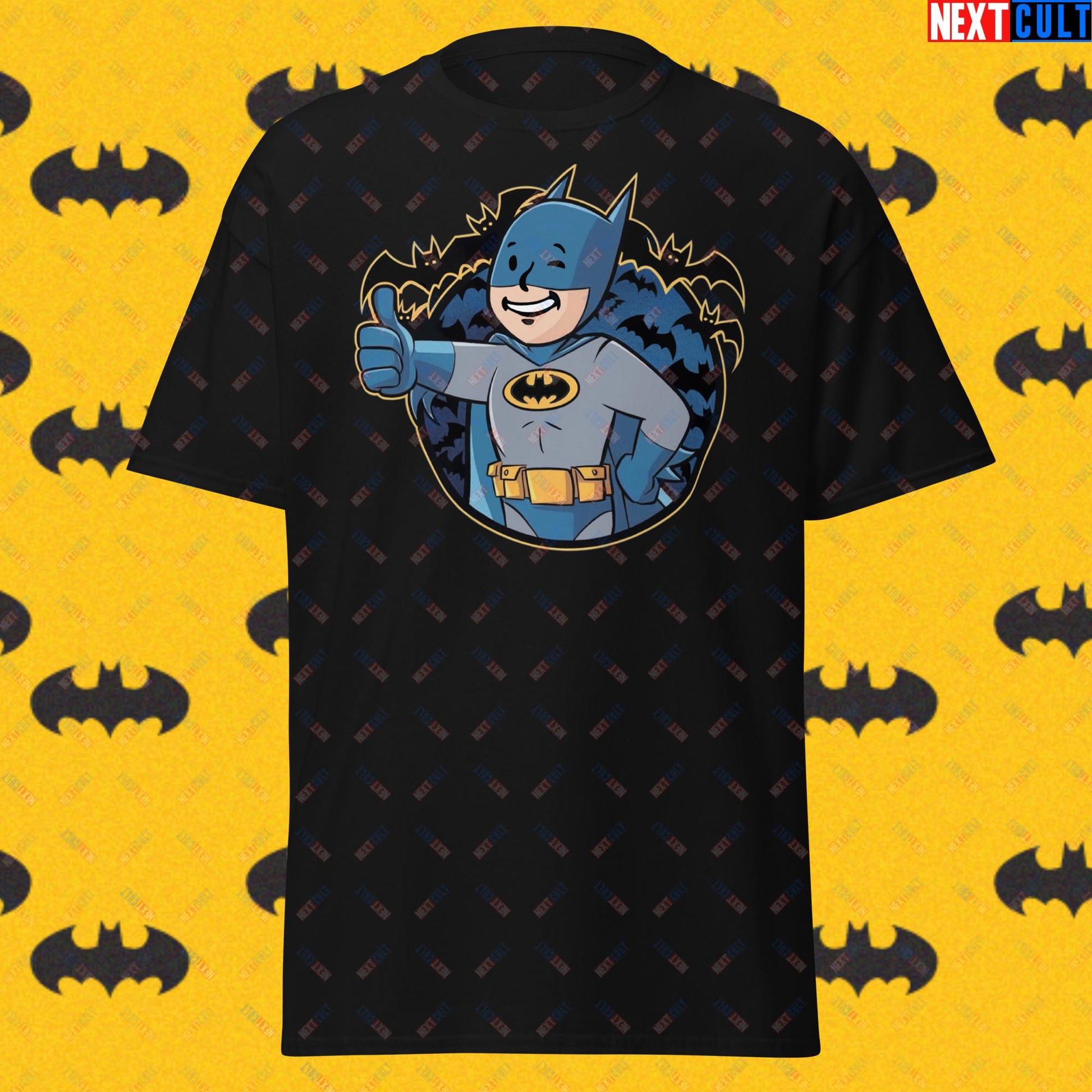 Bat Boy Batman Vault Boy Fallout Funny Cartoon Mashup Unisex tee Black T-shirts Batman Christian Bale Fallout Justice League Movies Superheroes Vault Boy Next Cult Brand