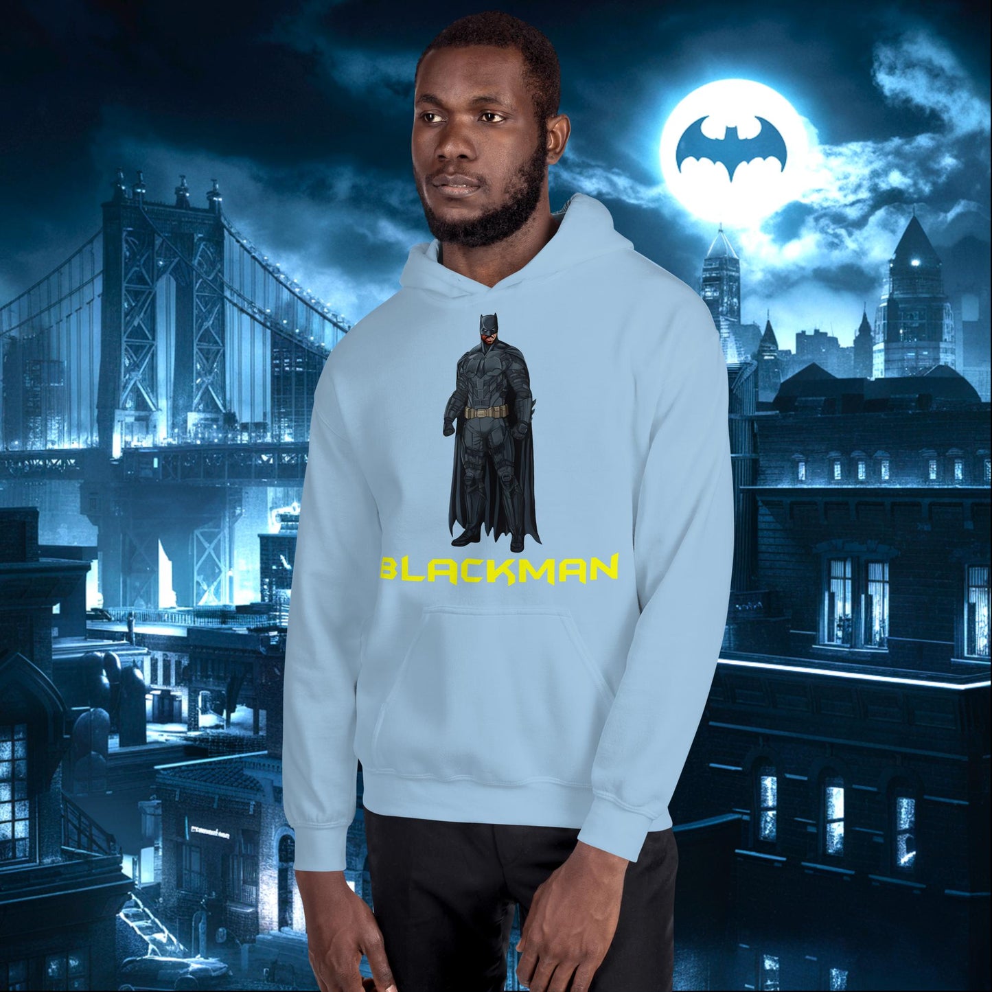 Blackman Batman Black Superhero Unisex Hoodie Light Blue Hoodies Batman Justice League Movies Superheroes Next Cult Brand