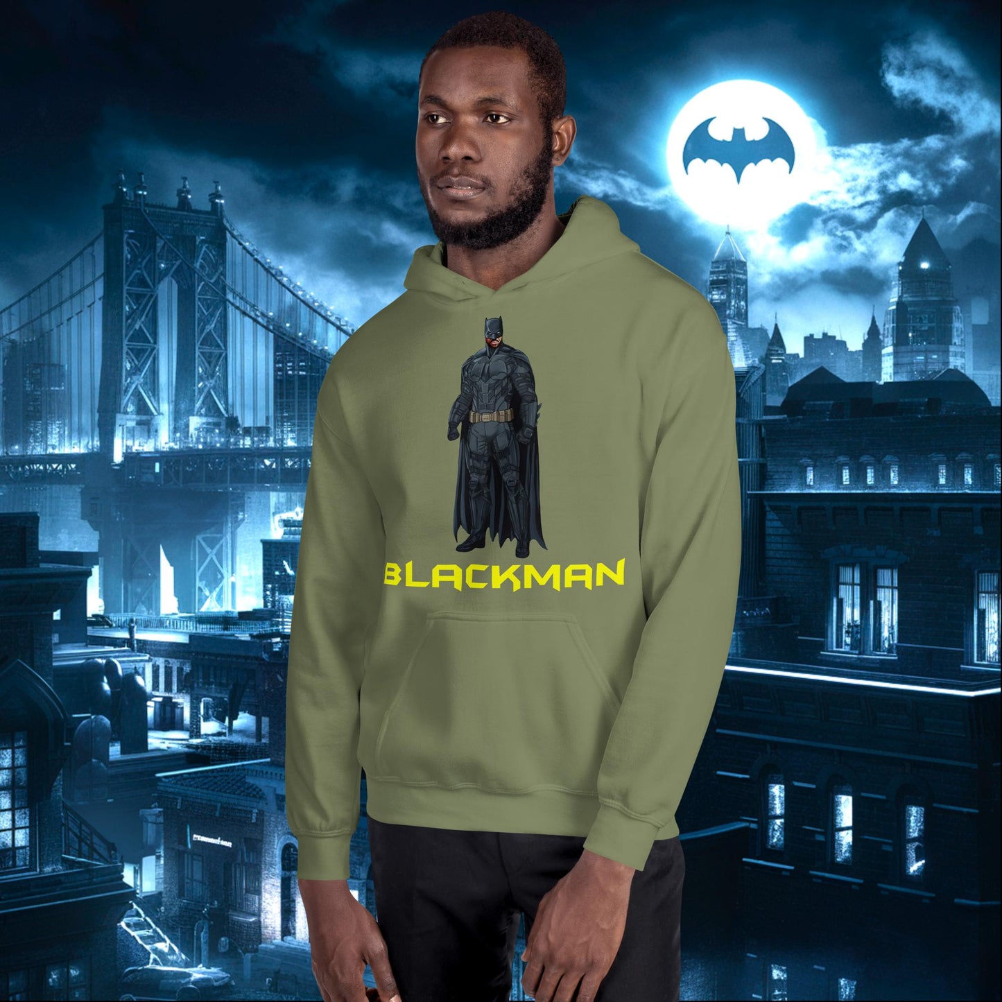 Blackman Batman Black Superhero Unisex Hoodie Military Green Hoodies Batman Justice League Movies Superheroes Next Cult Brand