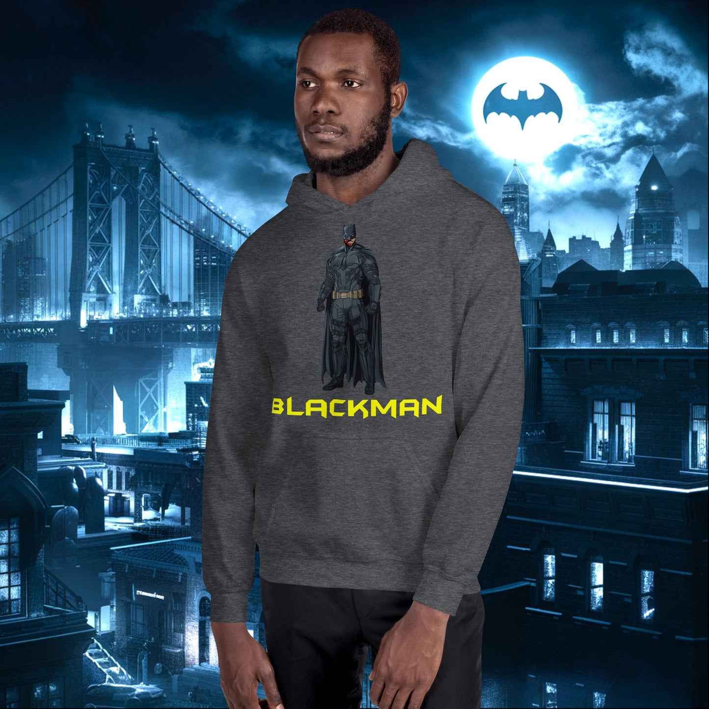 Blackman Batman Black Superhero Unisex Hoodie Dark Heather Hoodies Batman Justice League Movies Superheroes Next Cult Brand