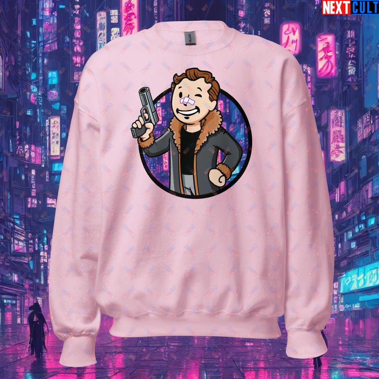 Blade Runner 2049 Ryan Gosling Vault Boy Fallout Funny Meme Cartoon Mashup Unisex Sweatshirt Light Pink Sweatshirts Blade Runner Fallout Movies Ryan Gosling Vault Boy Next Cult Brand