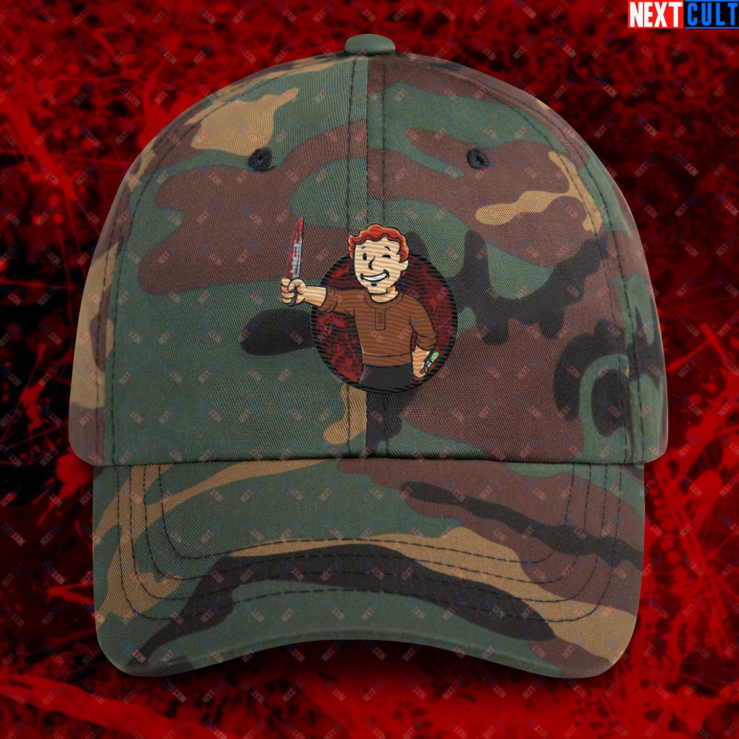 Blood Boy Dexter Morgan Vault Boy Fallout Funny Meme Cartoon Mashup Dad hat Green Camo Hats Next Cult Brand