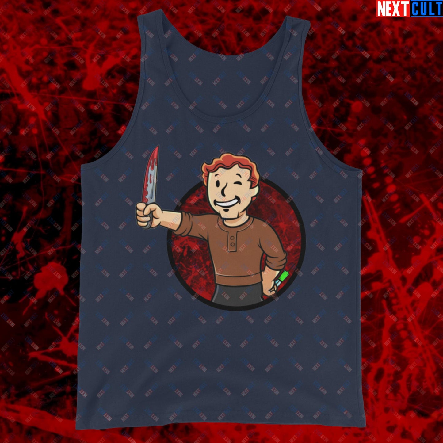 Blood Boy Dexter Morgan Vault Boy Fallout Funny Meme Cartoon Mashup Tank Top Navy Tank Tops Next Cult Brand