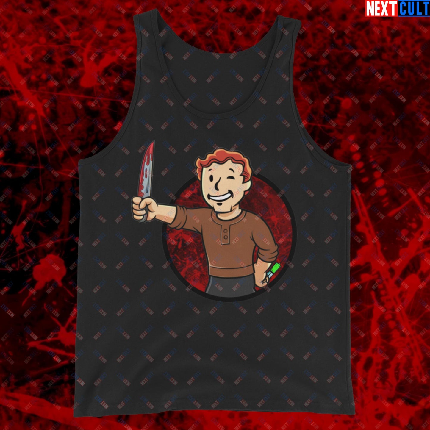 Blood Boy Dexter Morgan Vault Boy Fallout Funny Meme Cartoon Mashup Tank Top Black Tank Tops Next Cult Brand