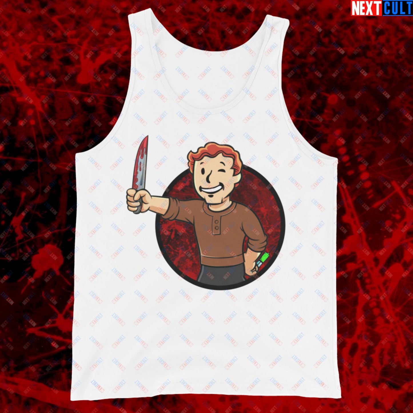 Blood Boy Dexter Morgan Vault Boy Fallout Funny Meme Cartoon Mashup Tank Top White Tank Tops Next Cult Brand