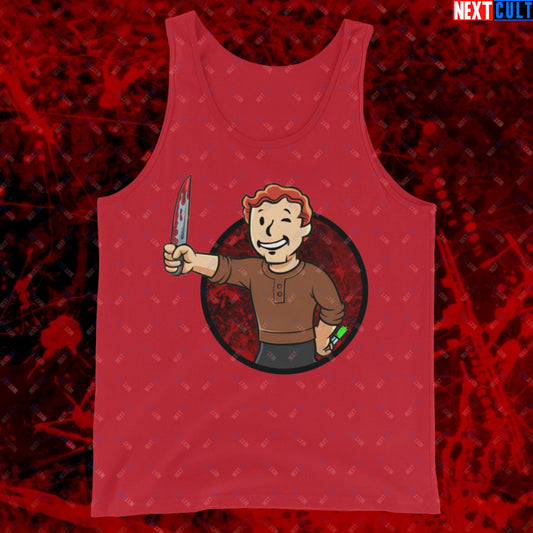 Blood Boy Dexter Morgan Vault Boy Fallout Funny Meme Cartoon Mashup Tank Top Red Tank Tops Next Cult Brand