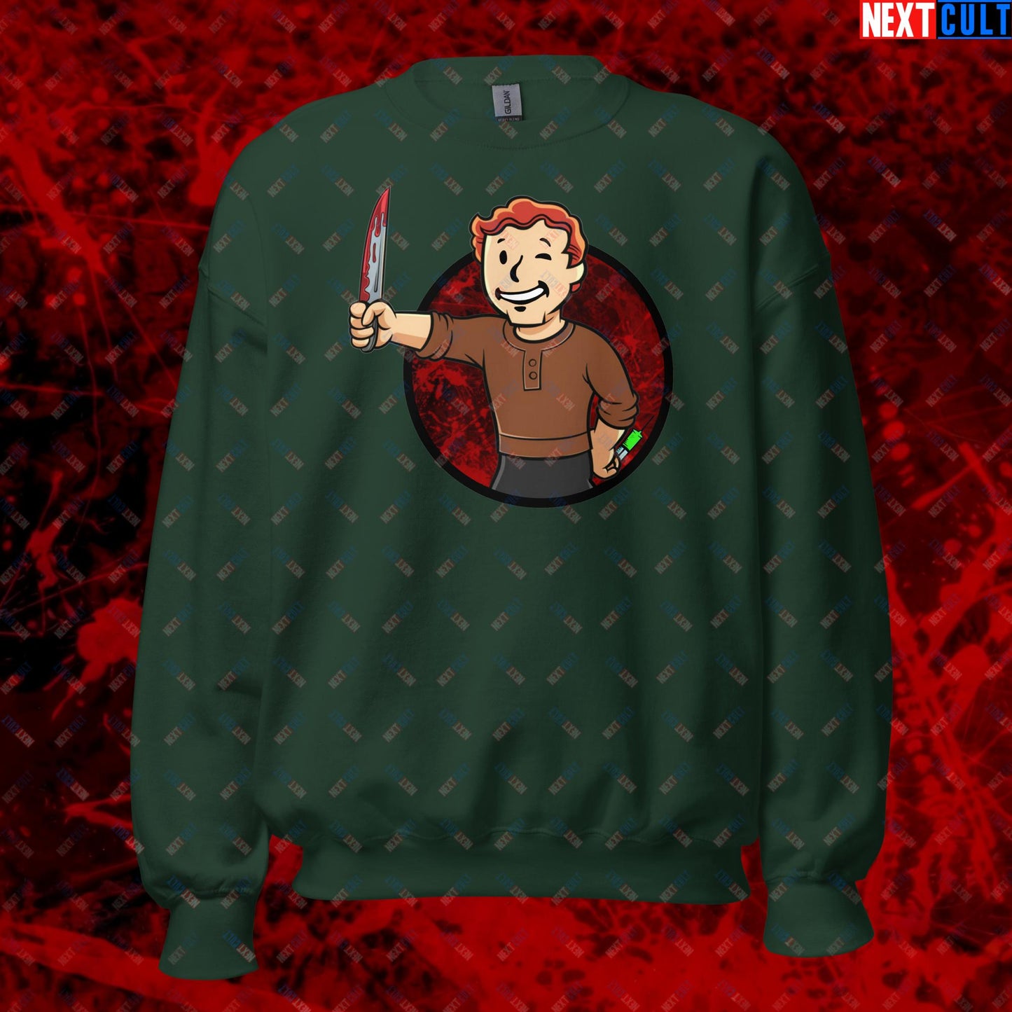 Blood Boy Dexter Morgan Vault Boy Fallout Funny Meme Cartoon Mashup Unisex Sweatshirt Forest Green Sweatshirts Next Cult Brand