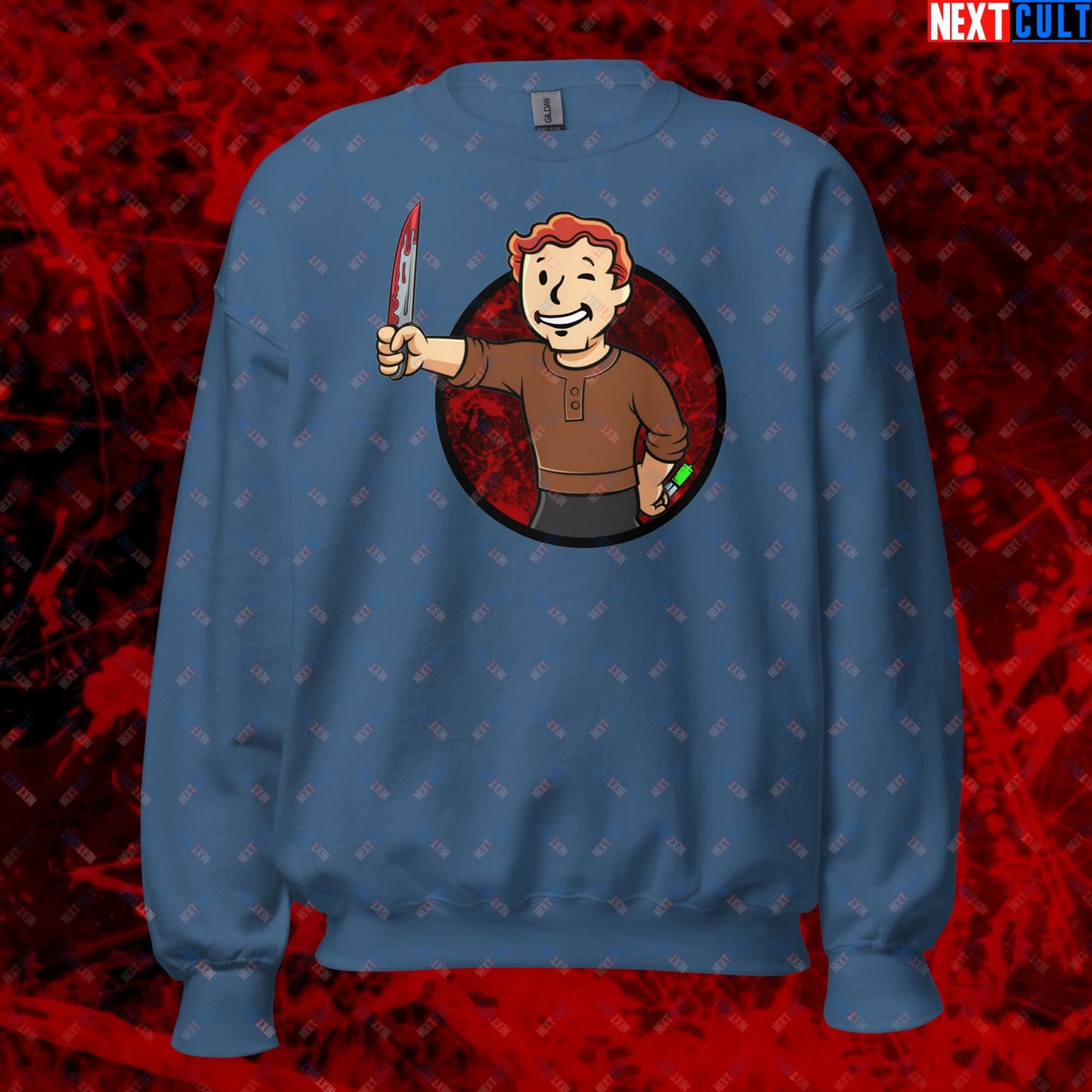 Blood Boy Dexter Morgan Vault Boy Fallout Funny Meme Cartoon Mashup Unisex Sweatshirt Indigo Blue Sweatshirts Next Cult Brand
