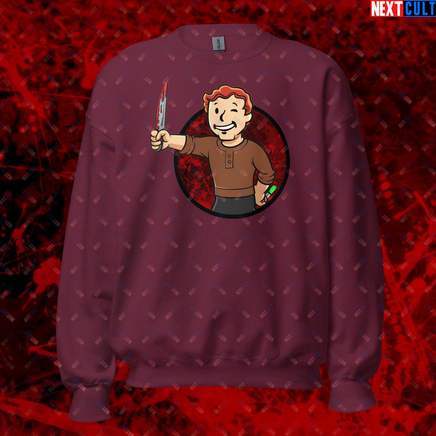Blood Boy Dexter Morgan Vault Boy Fallout Funny Meme Cartoon Mashup Unisex Sweatshirt Maroon Sweatshirts Next Cult Brand
