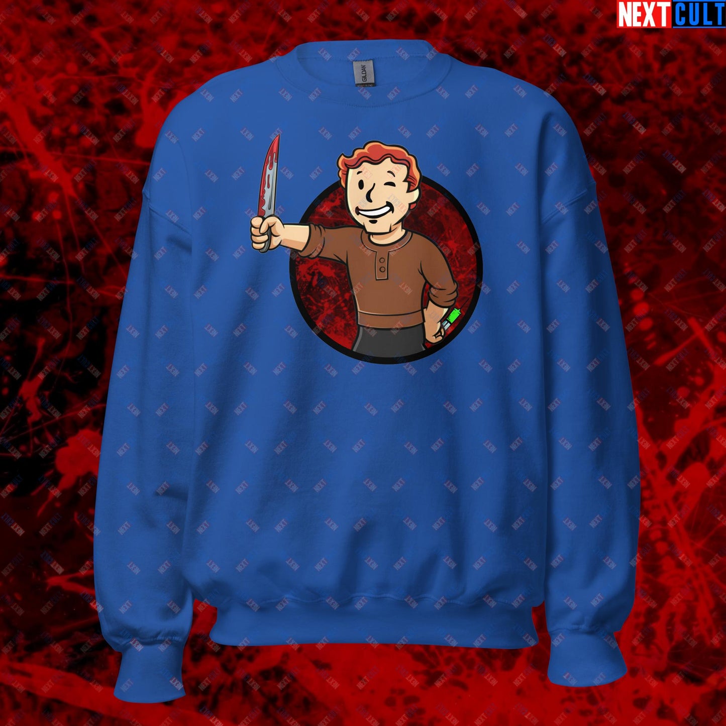 Blood Boy Dexter Morgan Vault Boy Fallout Funny Meme Cartoon Mashup Unisex Sweatshirt Royal Sweatshirts Next Cult Brand