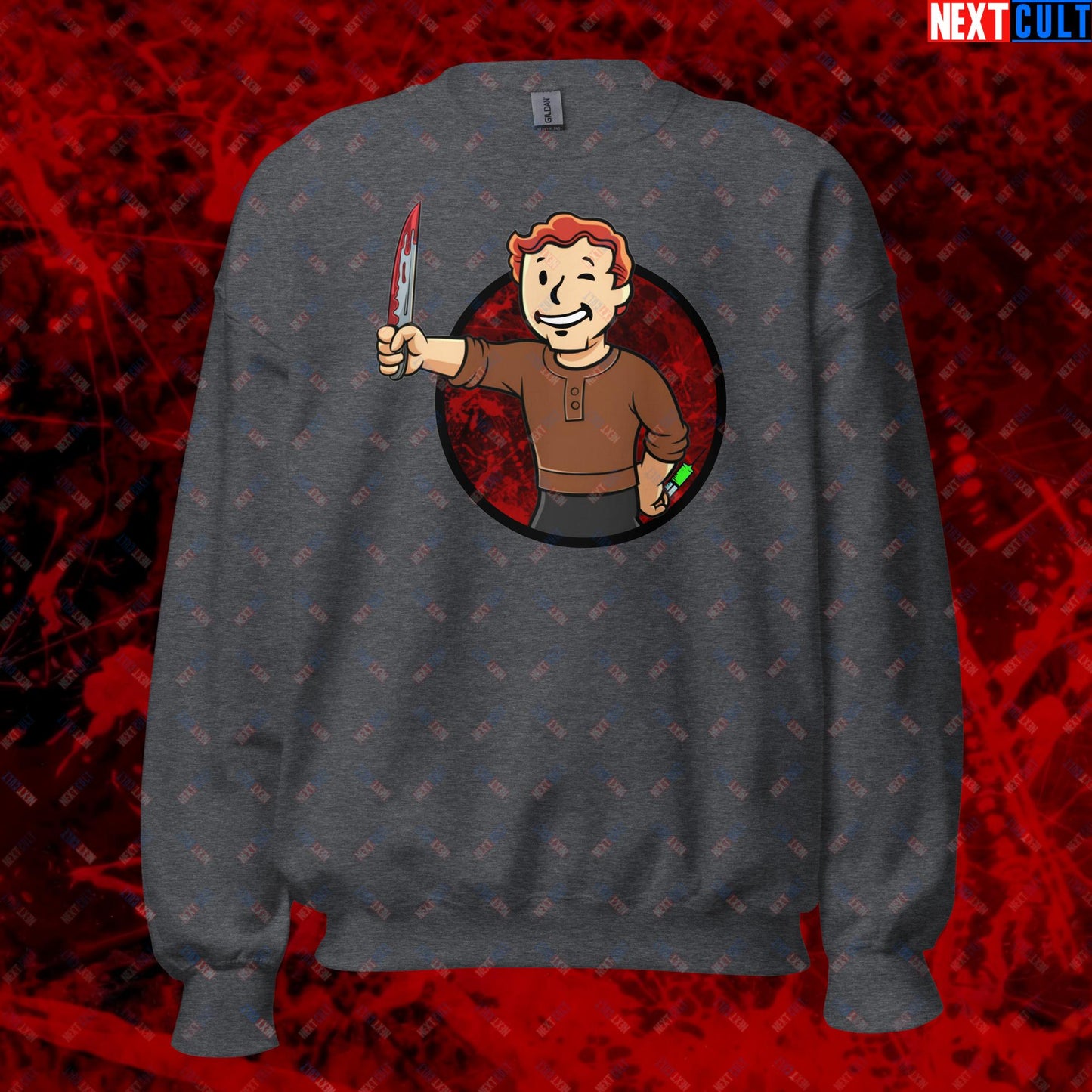 Blood Boy Dexter Morgan Vault Boy Fallout Funny Meme Cartoon Mashup Unisex Sweatshirt Dark Heather Sweatshirts Next Cult Brand