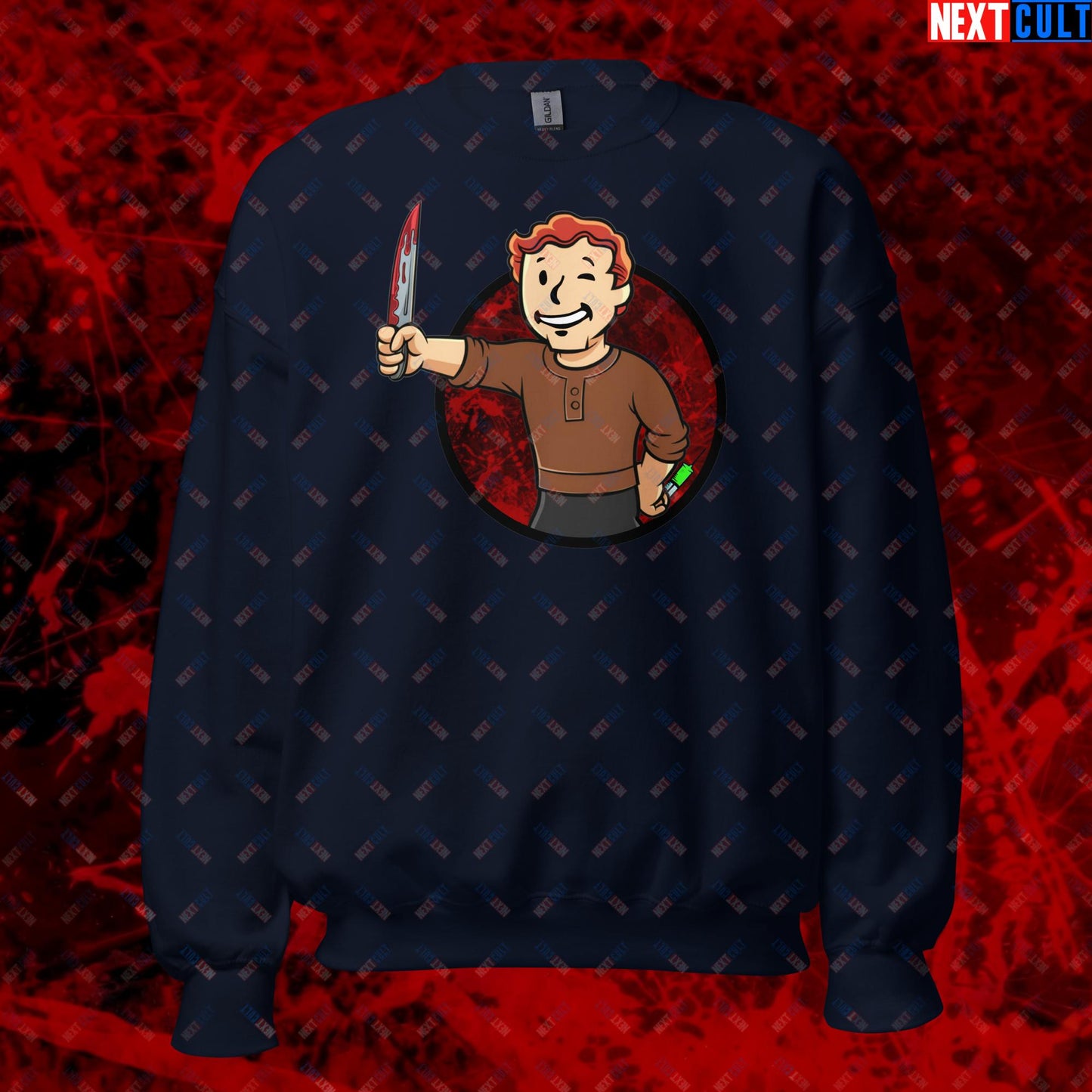 Blood Boy Dexter Morgan Vault Boy Fallout Funny Meme Cartoon Mashup Unisex Sweatshirt Navy Sweatshirts Next Cult Brand