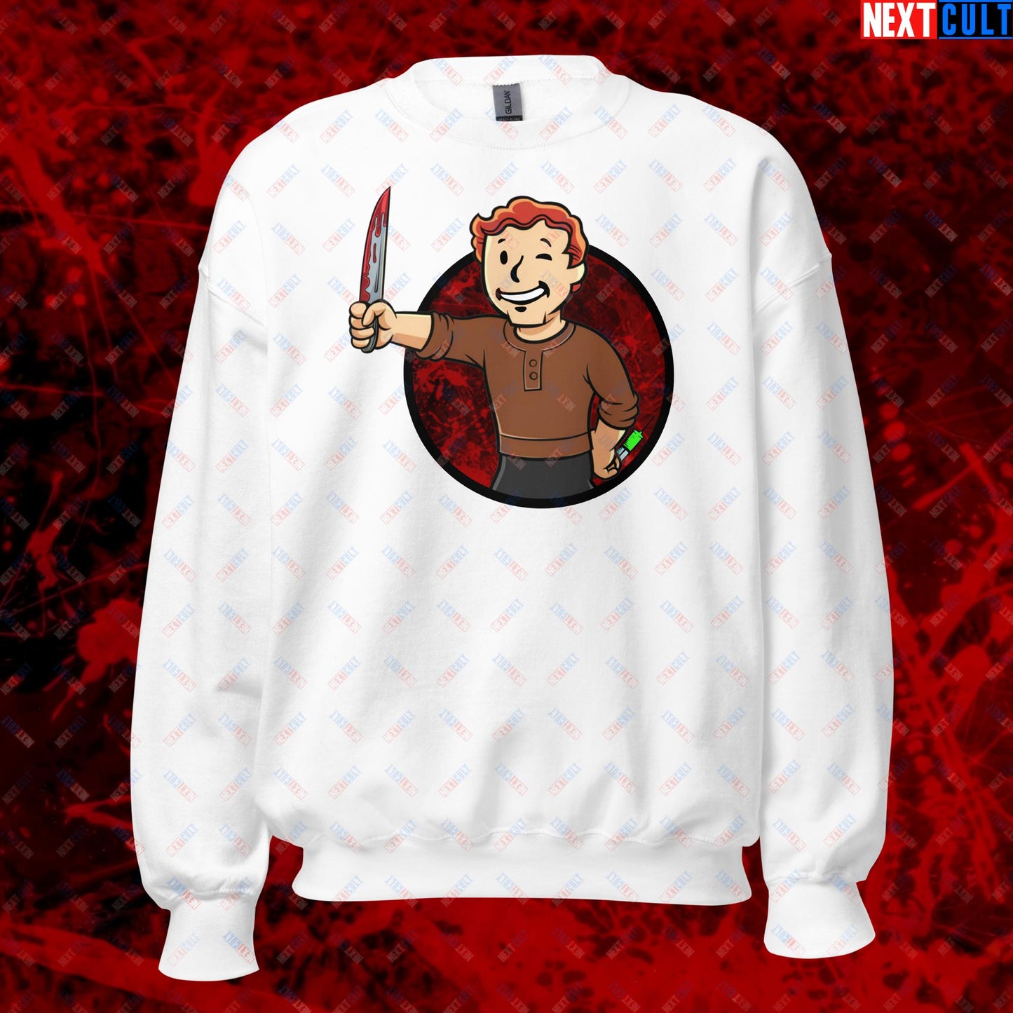 Blood Boy Dexter Morgan Vault Boy Fallout Funny Meme Cartoon Mashup Unisex Sweatshirt White Sweatshirts Next Cult Brand