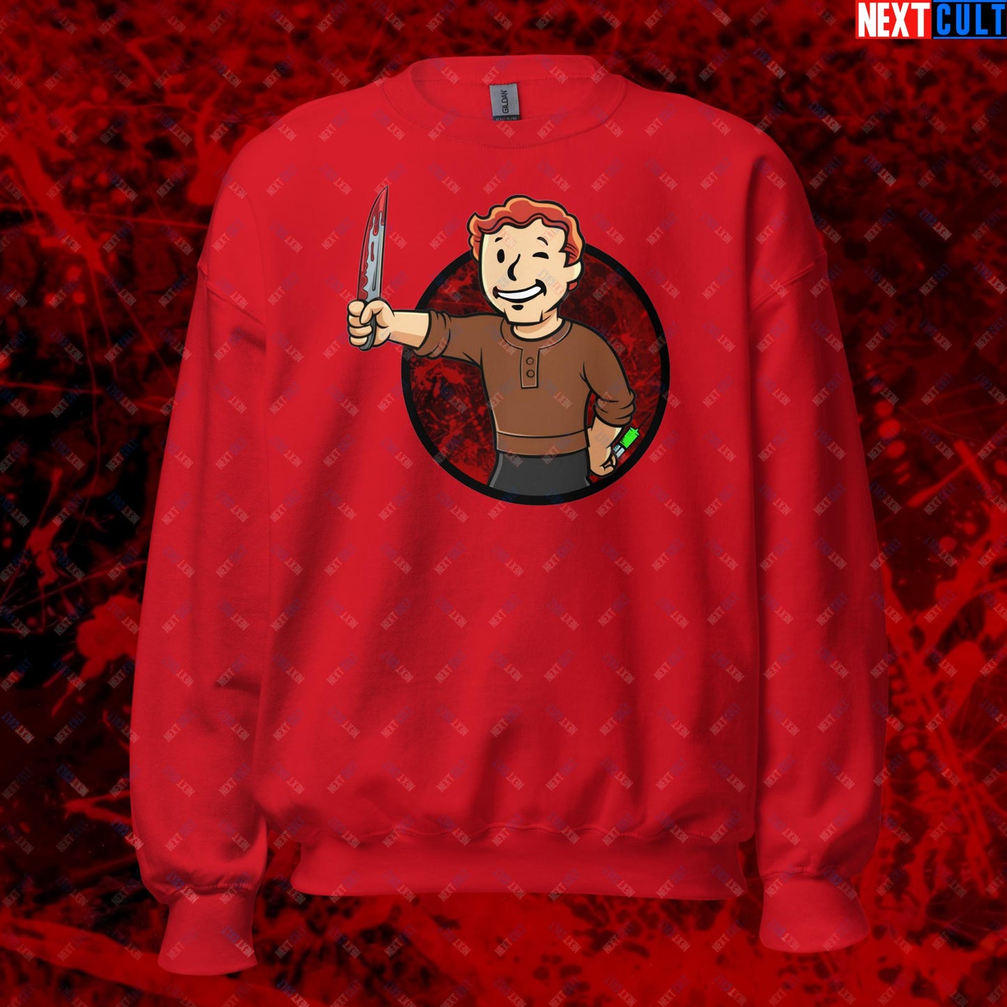 Blood Boy Dexter Morgan Vault Boy Fallout Funny Meme Cartoon Mashup Unisex Sweatshirt Red Sweatshirts Next Cult Brand