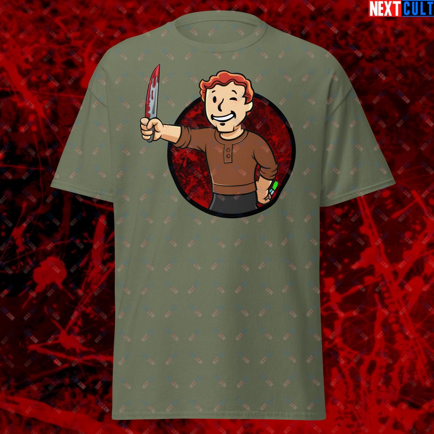 Blood Boy Dexter Morgan Vault Boy Fallout Funny Meme Cartoon Mashup Unisex tee Military Green T-shirts Next Cult Brand