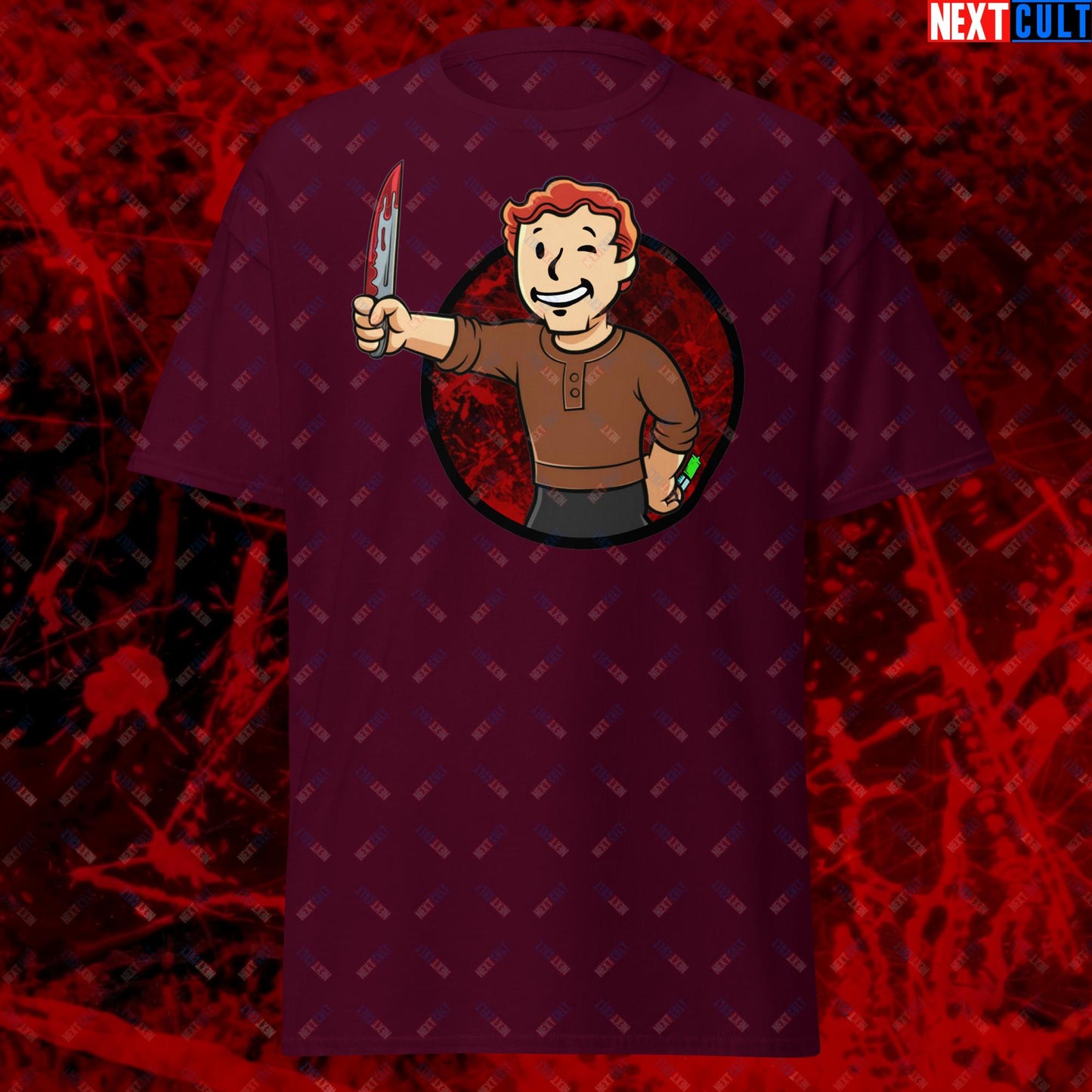 Blood Boy Dexter Morgan Vault Boy Fallout Funny Meme Cartoon Mashup Unisex tee Maroon T-shirts Next Cult Brand