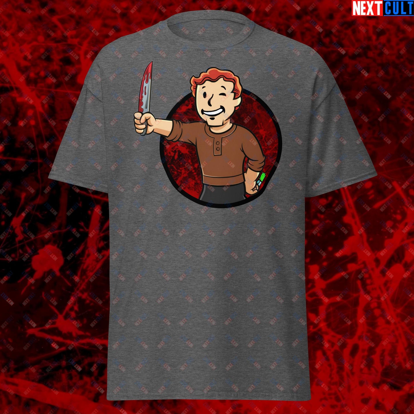 Blood Boy Dexter Morgan Vault Boy Fallout Funny Meme Cartoon Mashup Unisex tee Dark Heather T-shirts Next Cult Brand