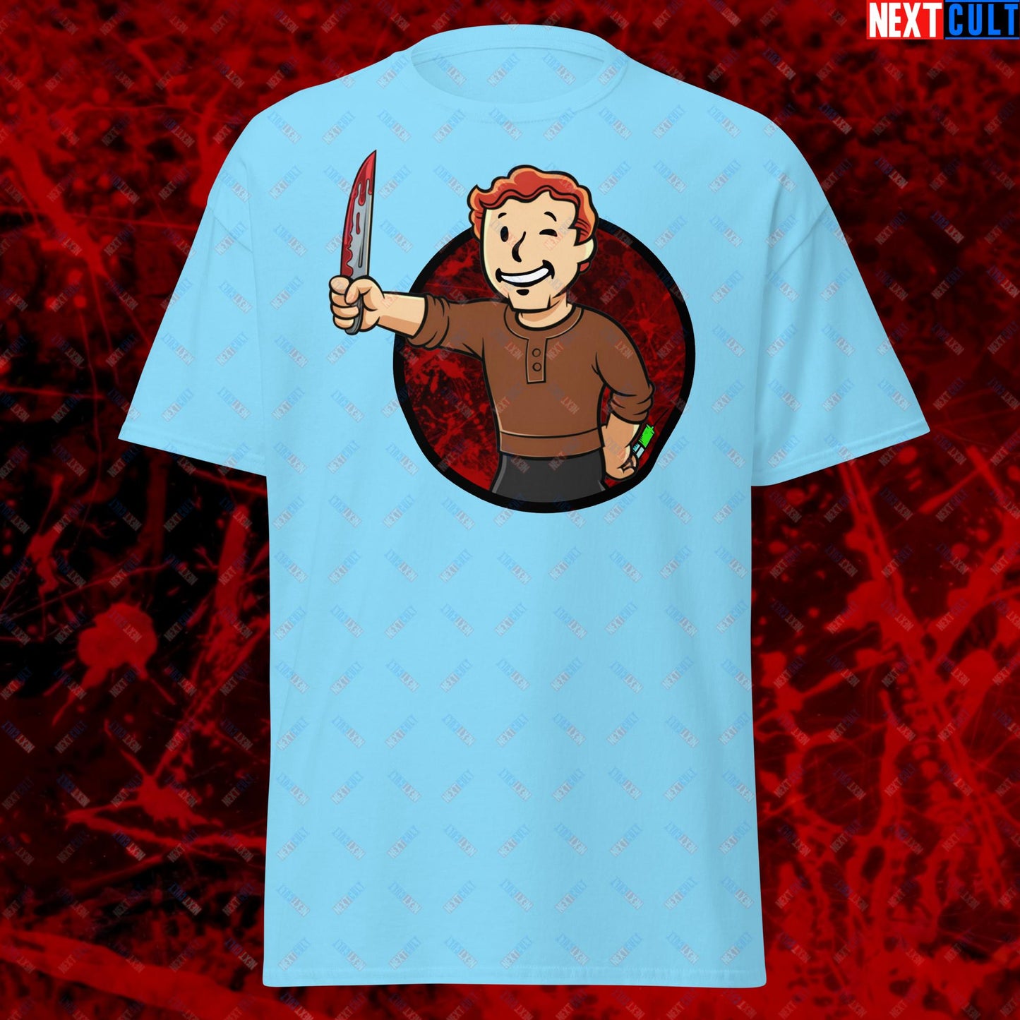 Blood Boy Dexter Morgan Vault Boy Fallout Funny Meme Cartoon Mashup Unisex tee Sky T-shirts Next Cult Brand