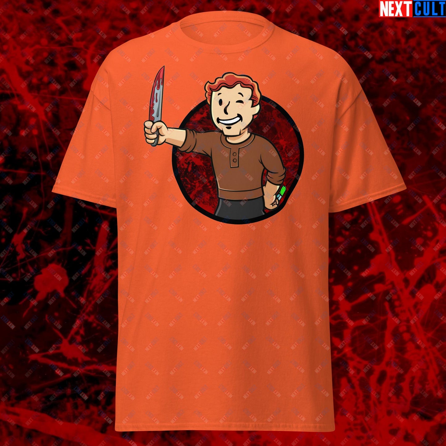 Blood Boy Dexter Morgan Vault Boy Fallout Funny Meme Cartoon Mashup Unisex tee Orange T-shirts Next Cult Brand