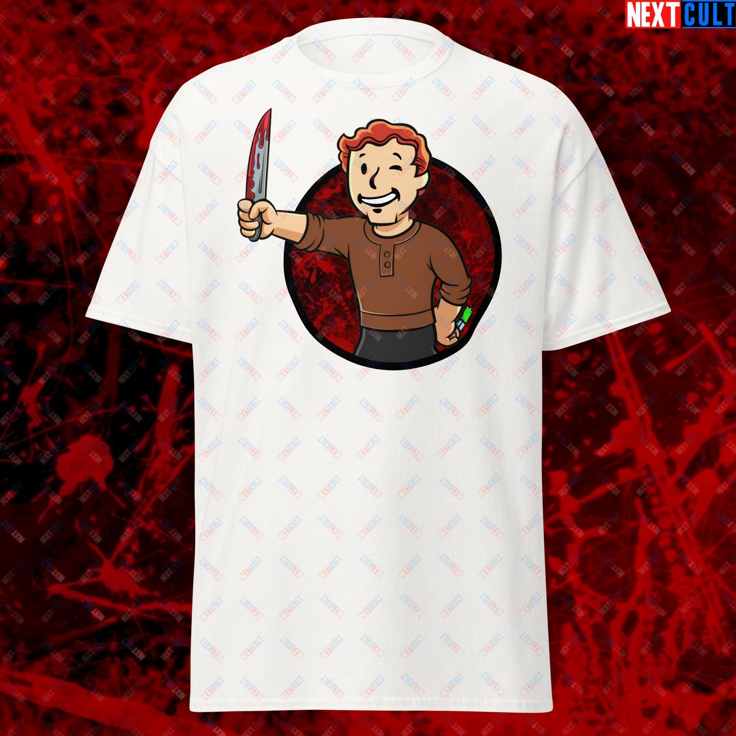 Blood Boy Dexter Morgan Vault Boy Fallout Funny Meme Cartoon Mashup Unisex tee White T-shirts Next Cult Brand