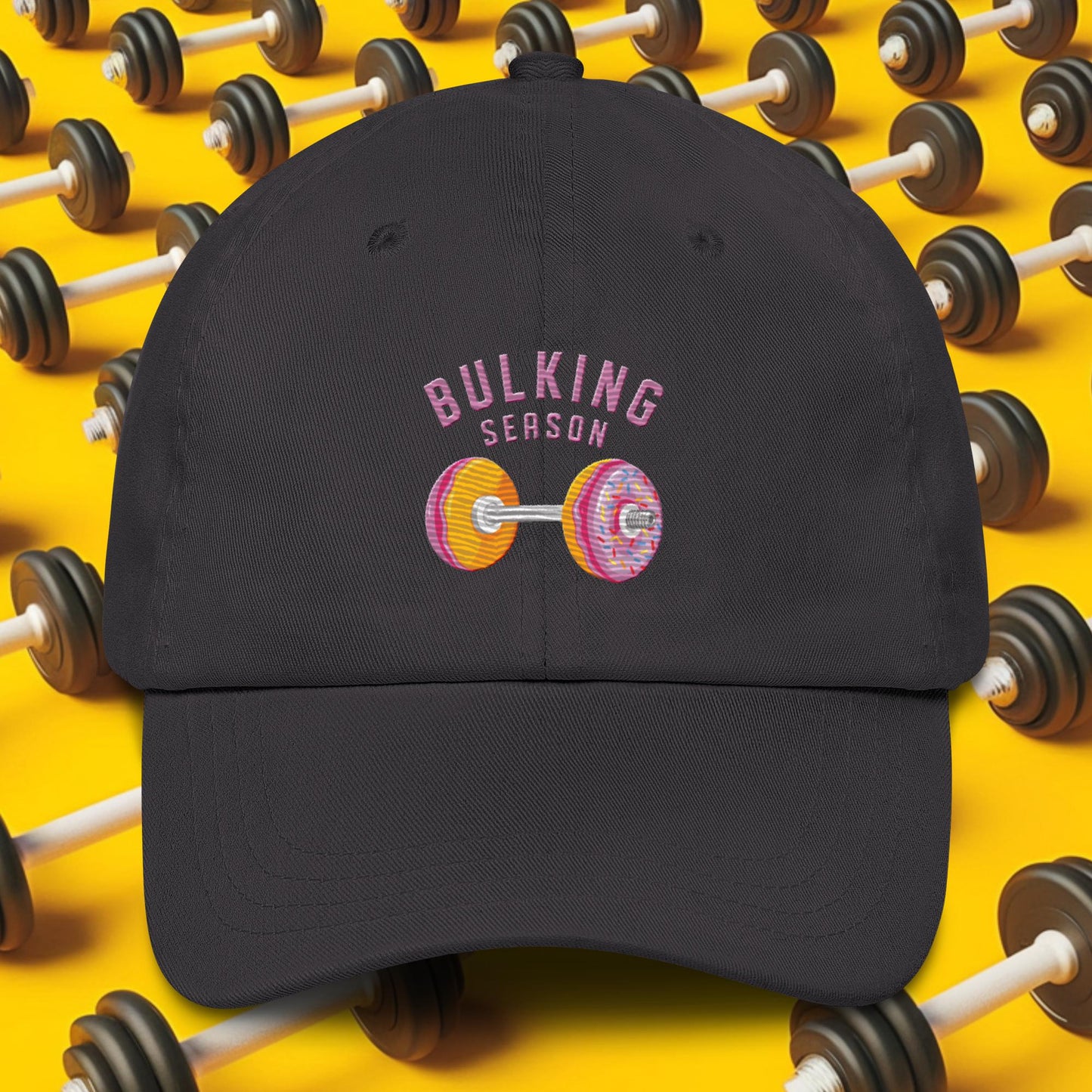 Bulking Season Donut Dumbbell Donuts Barbell Funny Bulk Diet Gym Workout Fitness Bodybuilding Dad hat Dark Grey Hats Bodybuilding Bulking Donuts Fast Food Fitness Gym Workout Next Cult Brand