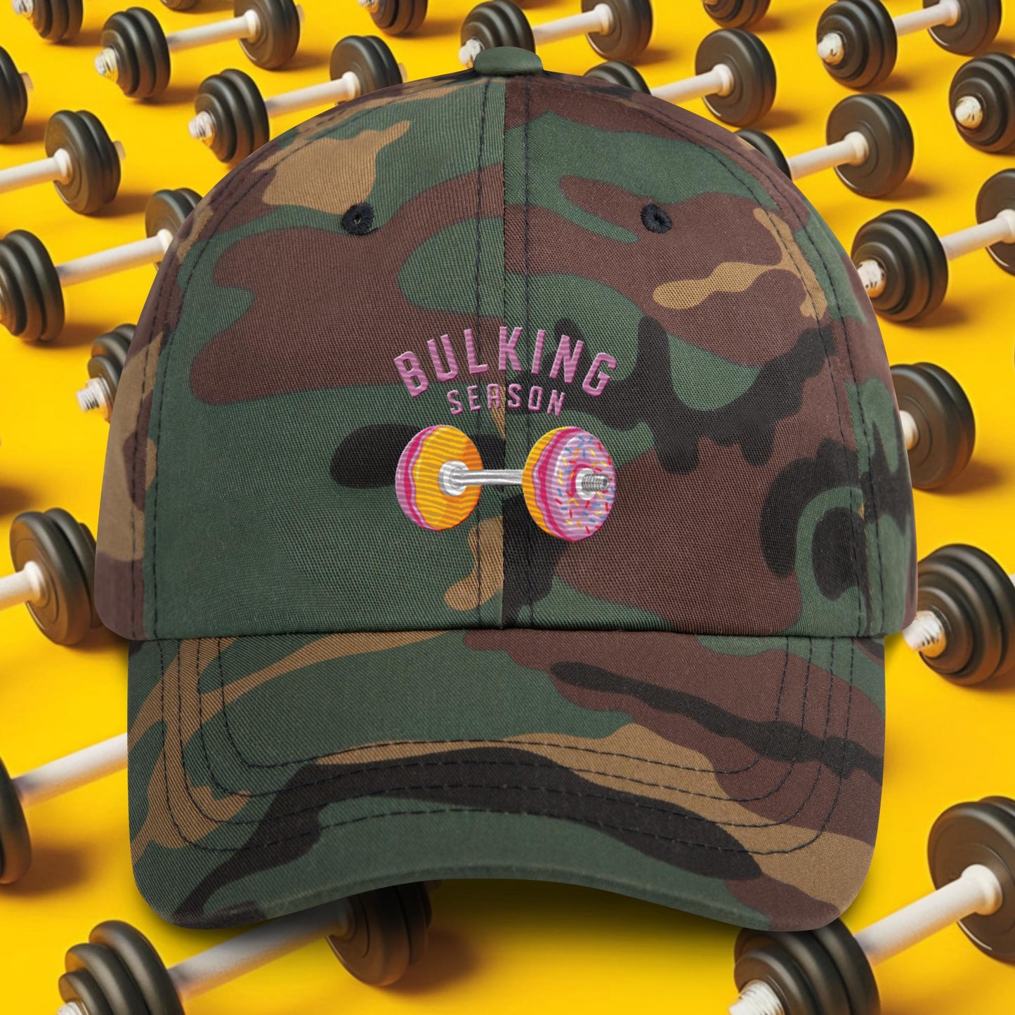 Bulking Season Donut Dumbbell Donuts Barbell Funny Bulk Diet Gym Workout Fitness Bodybuilding Dad hat Green Camo Hats Bodybuilding Bulking Donuts Fast Food Fitness Gym Workout Next Cult Brand