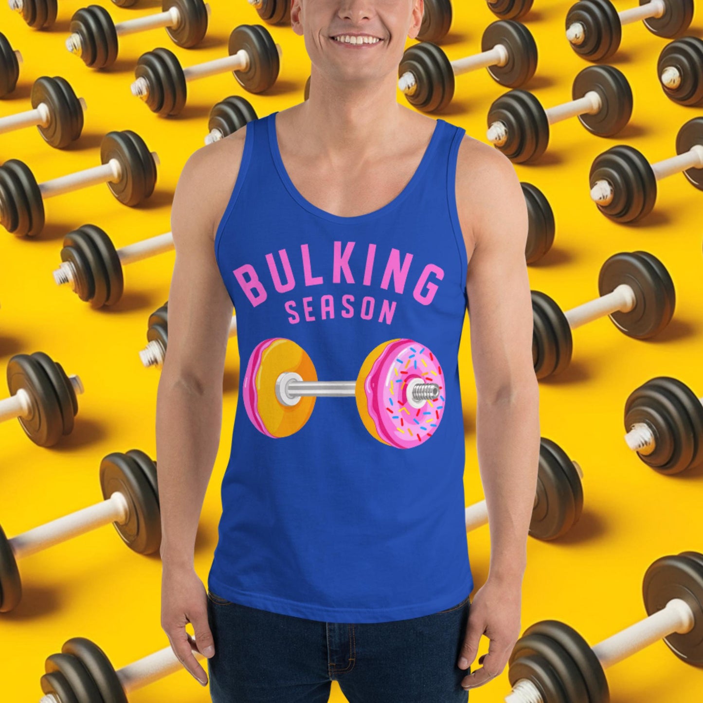 Bulking Season Donut Dumbbell Donuts Barbell Funny Bulk Diet Gym Workout Fitness Bodybuilding Tank Top True Royal Tank Tops Bodybuilding Bulking Donuts Fast Food Fitness Gym Workout Next Cult Brand