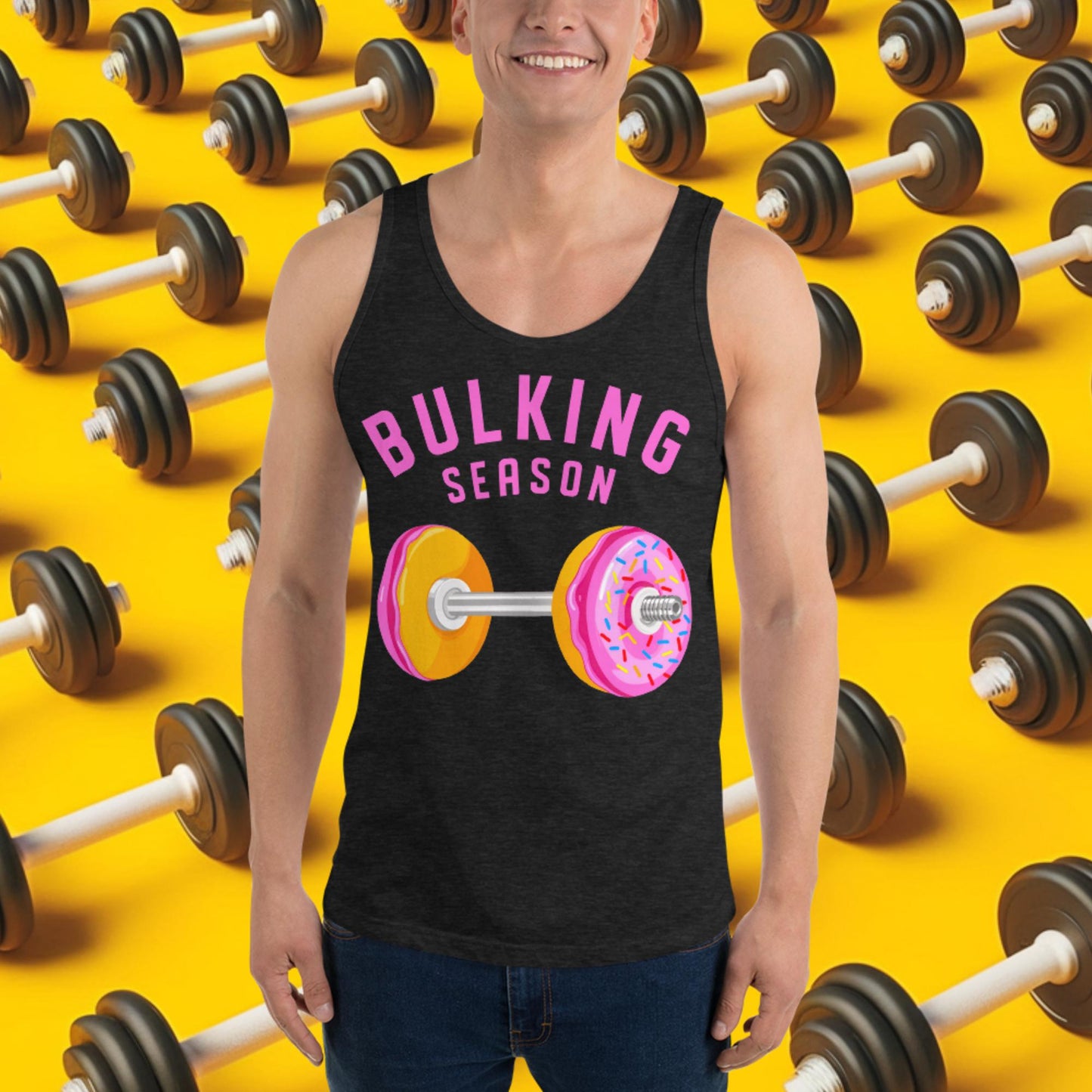 Bulking Season Donut Dumbbell Donuts Barbell Funny Bulk Diet Gym Workout Fitness Bodybuilding Tank Top Charcoal-Black Triblend Tank Tops Bodybuilding Bulking Donuts Fast Food Fitness Gym Workout Next Cult Brand