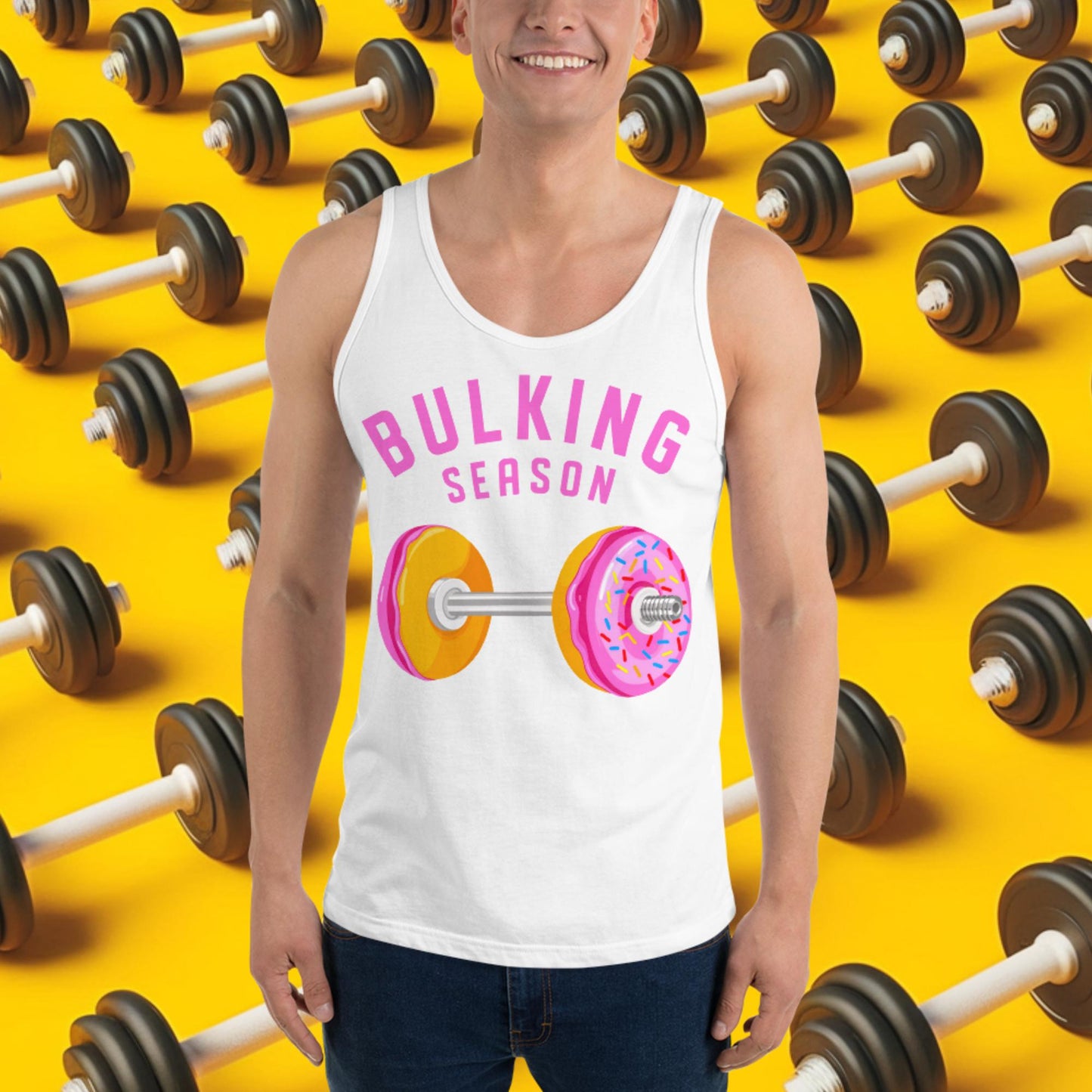 Bulking Season Donut Dumbbell Donuts Barbell Funny Bulk Diet Gym Workout Fitness Bodybuilding Tank Top White Tank Tops Bodybuilding Bulking Donuts Fast Food Fitness Gym Workout Next Cult Brand