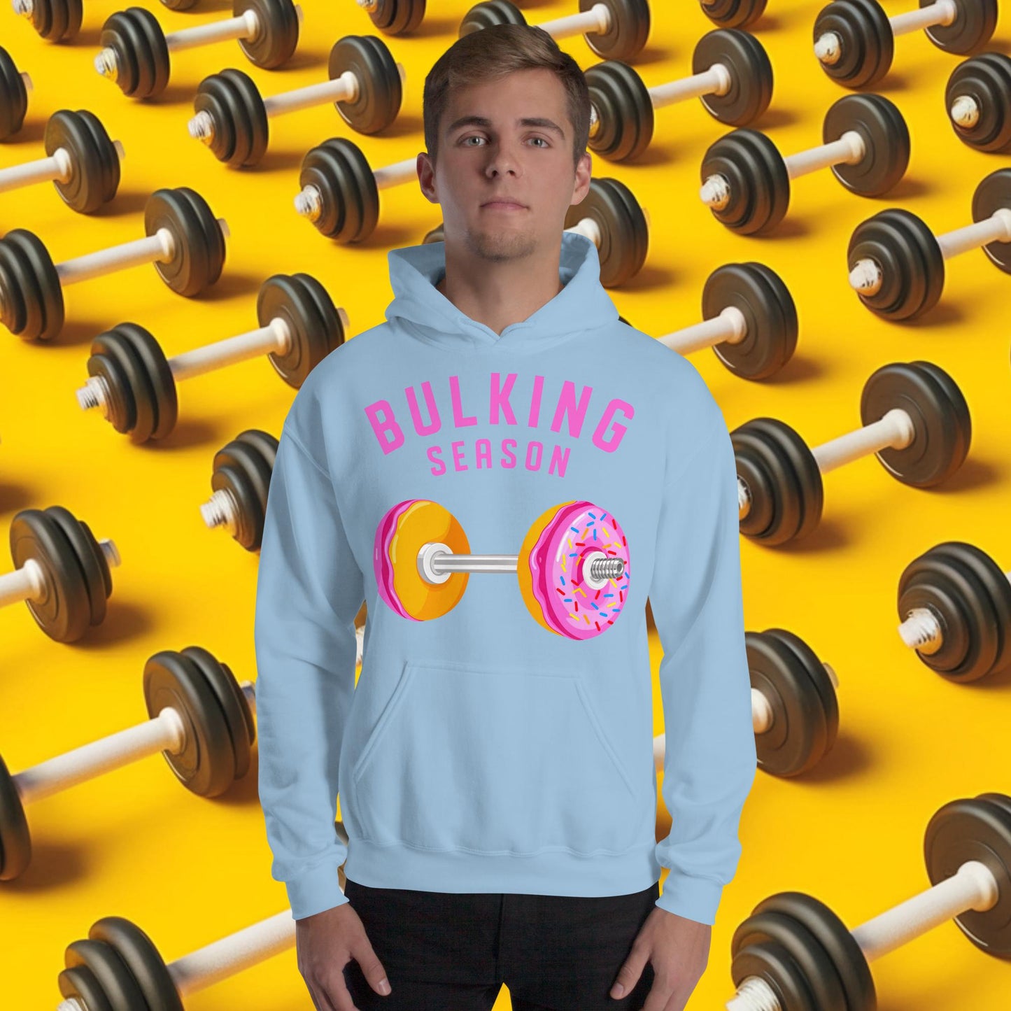 Bulking Season Donut Dumbbell Donuts Barbell Funny Bulk Diet Gym Workout Fitness Bodybuilding Unisex Hoodie Light Blue Hoodies Bodybuilding Bulking Donuts Fast Food Fitness Gym Workout Next Cult Brand