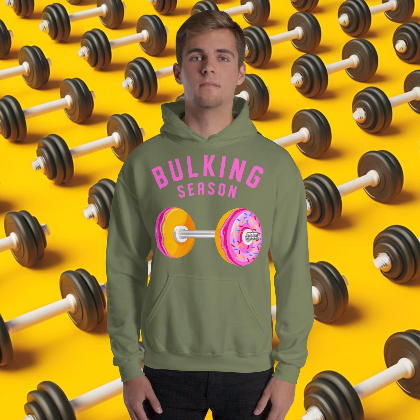 Bulking Season Donut Dumbbell Donuts Barbell Funny Bulk Diet Gym Workout Fitness Bodybuilding Unisex Hoodie Military Green Hoodies Bodybuilding Bulking Donuts Fast Food Fitness Gym Workout Next Cult Brand