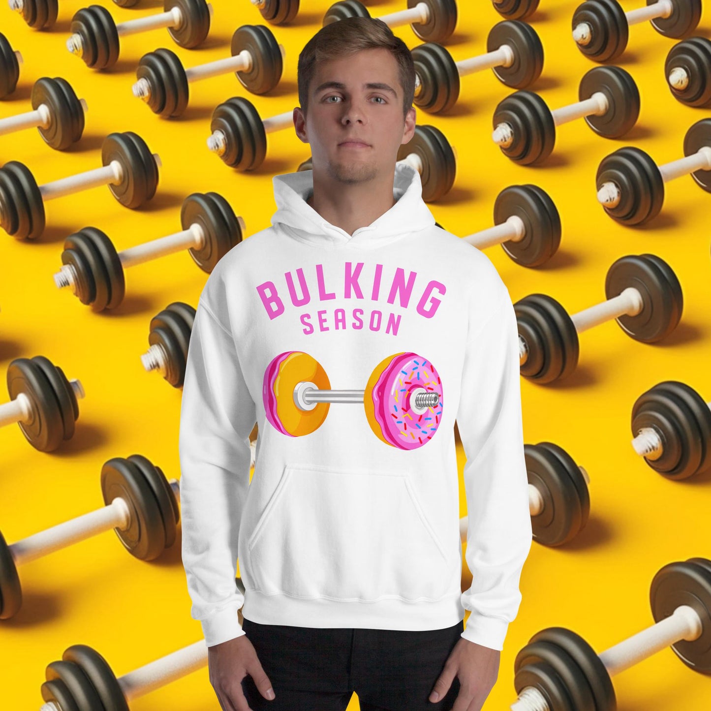 Bulking Season Donut Dumbbell Donuts Barbell Funny Bulk Diet Gym Workout Fitness Bodybuilding Unisex Hoodie White Hoodies Bodybuilding Bulking Donuts Fast Food Fitness Gym Workout Next Cult Brand