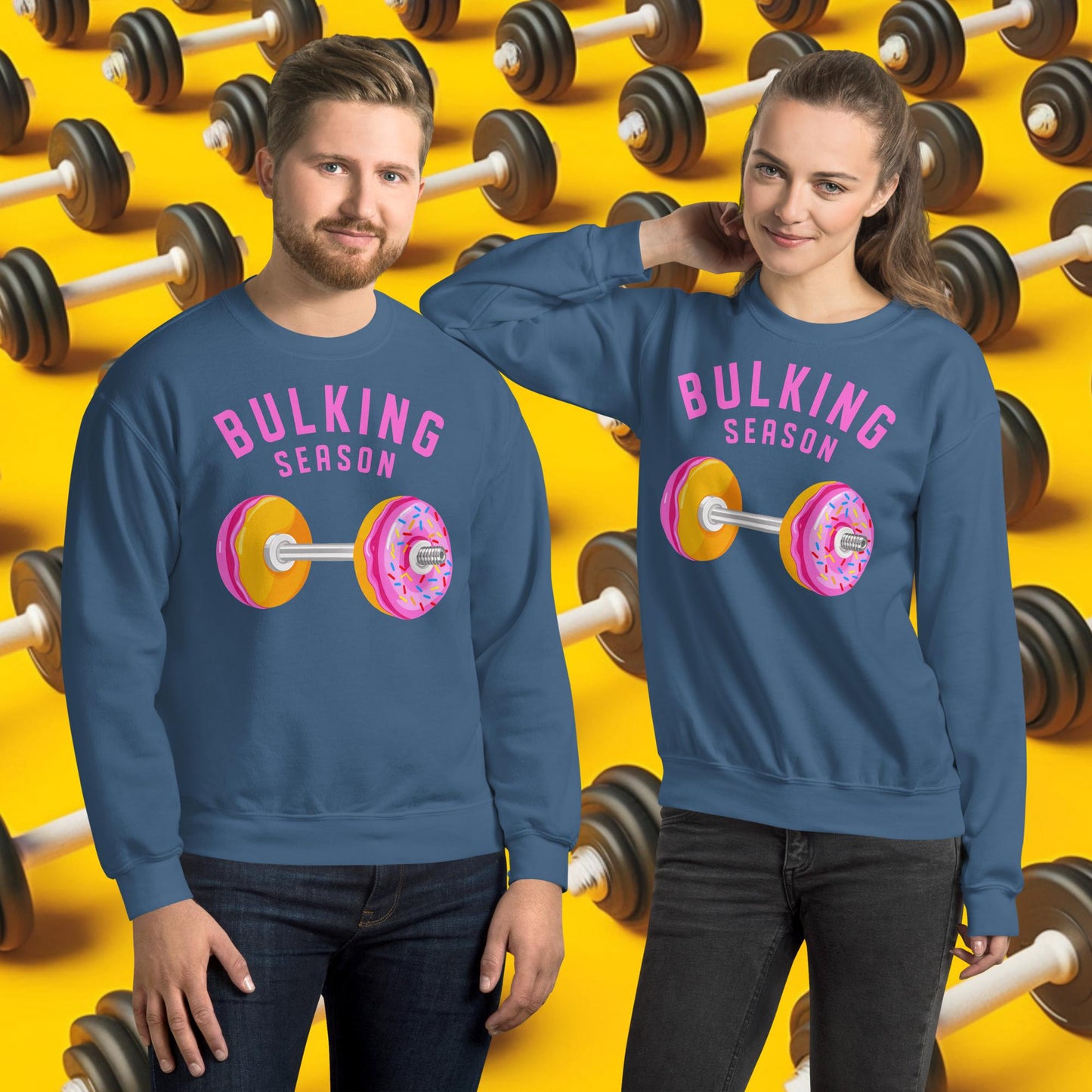 Bulking Season Donut Dumbbell Donuts Barbell Funny Bulk Diet Gym Workout Fitness Bodybuilding Unisex Sweatshirt Indigo Blue Sweatshirts Bodybuilding Bulking Donuts Fast Food Fitness Gym Workout Next Cult Brand