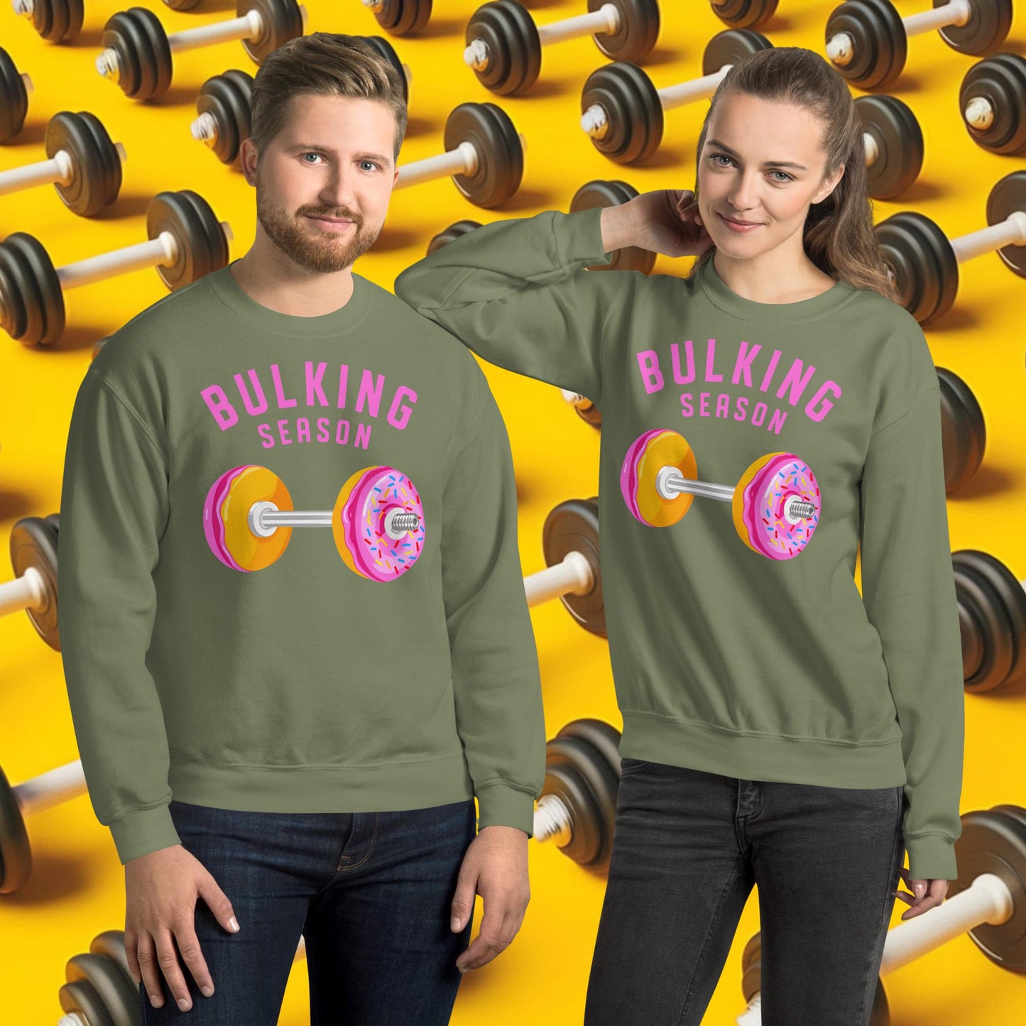 Bulking Season Donut Dumbbell Donuts Barbell Funny Bulk Diet Gym Workout Fitness Bodybuilding Unisex Sweatshirt Military Green Sweatshirts Bodybuilding Bulking Donuts Fast Food Fitness Gym Workout Next Cult Brand