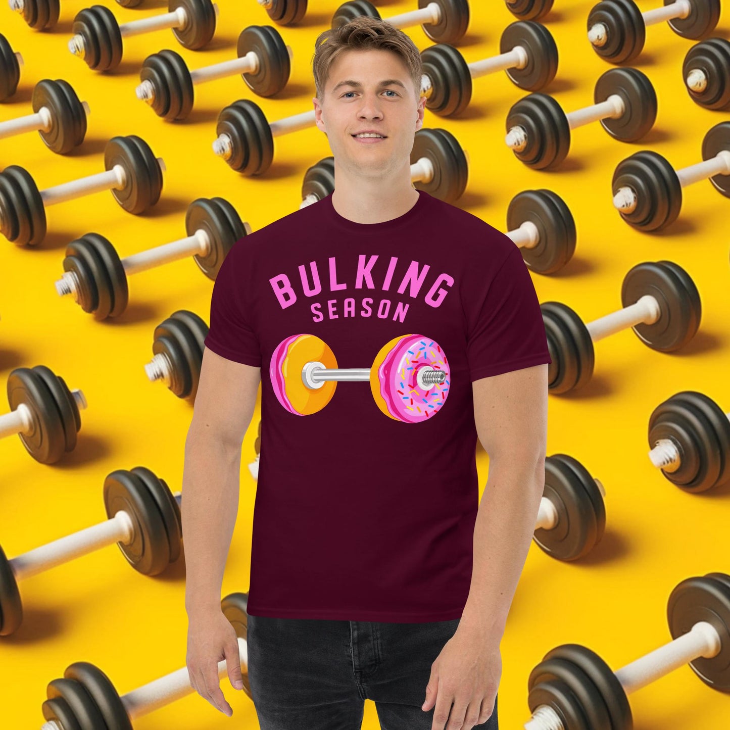 Bulking Season Donut Dumbbell Donuts Barbell Funny Bulk Diet Gym Workout Fitness Bodybuilding classic tee Maroon T-shirts Bodybuilding Bulking Donuts Fast Food Fitness Gym Pump Cover Workout Next Cult Brand