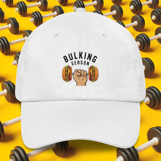 Bulking Season Funny Bulk Diet Gym Workout Fitness Dad hat White Hats Bulking Burgers Fast Food Next Cult Brand