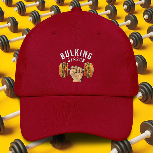 Bulking Season Funny Bulk Diet Gym Workout Fitness Dad hat Cranberry Hats Bulking Burgers Fast Food Next Cult Brand