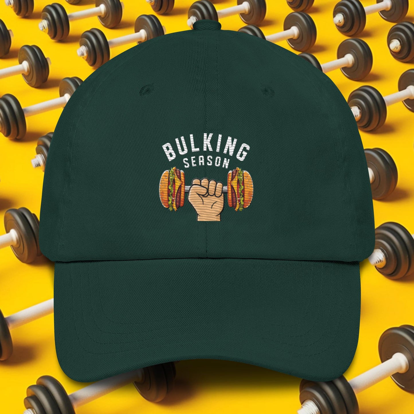 Bulking Season Funny Bulk Diet Gym Workout Fitness Dad hat Spruce Hats Bodybuilding Bulking Burgers Fast Food Fitness Gym Workout Next Cult Brand