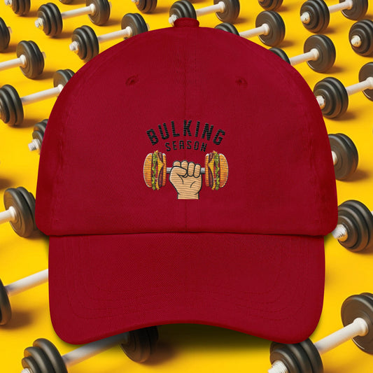 Bulking Season Funny Bulk Diet Gym Workout Fitness Dad hat Cranberry Hats Bulking Burgers Fast Food Next Cult Brand