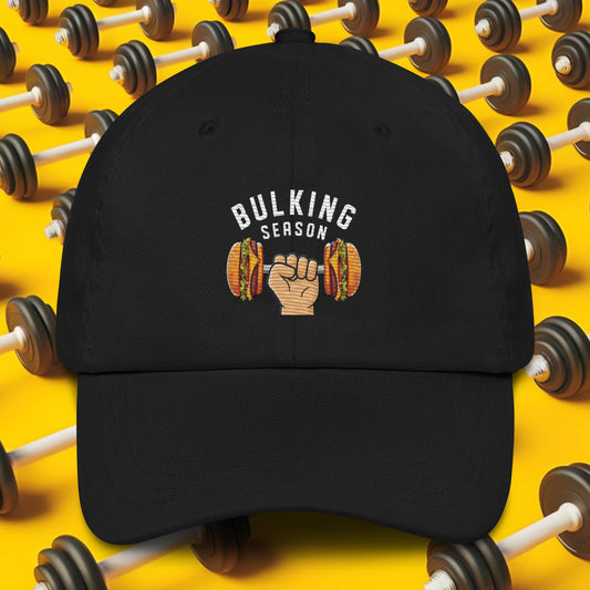 Bulking Season Funny Bulk Diet Gym Workout Fitness Dad hat Black Hats Bulking Burgers Fast Food Next Cult Brand